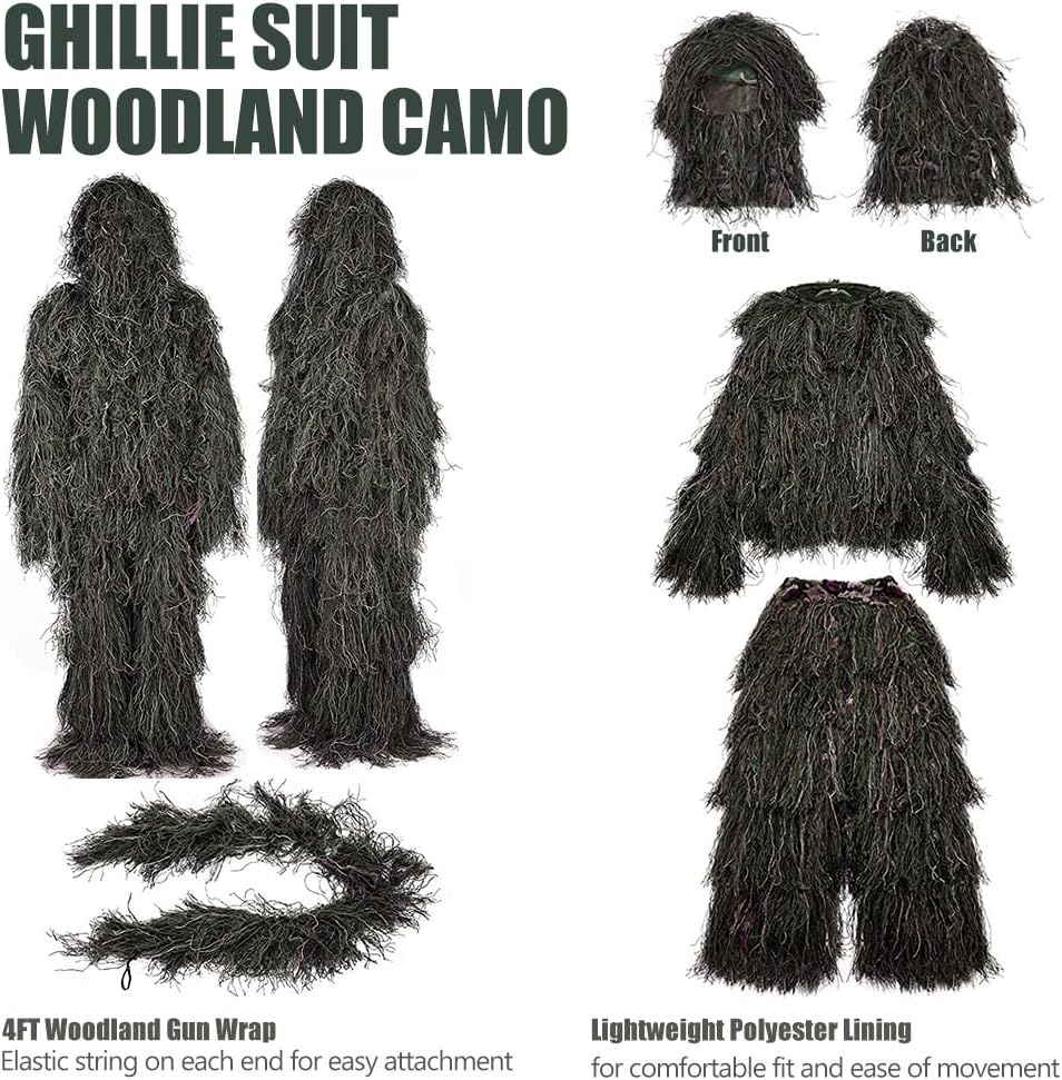Sibosen Traje Ghillie 5 en 1  Ropa de caza de camuflaje 3D que incluye chaqueta, pantalones, capucha, bolsa de transporte