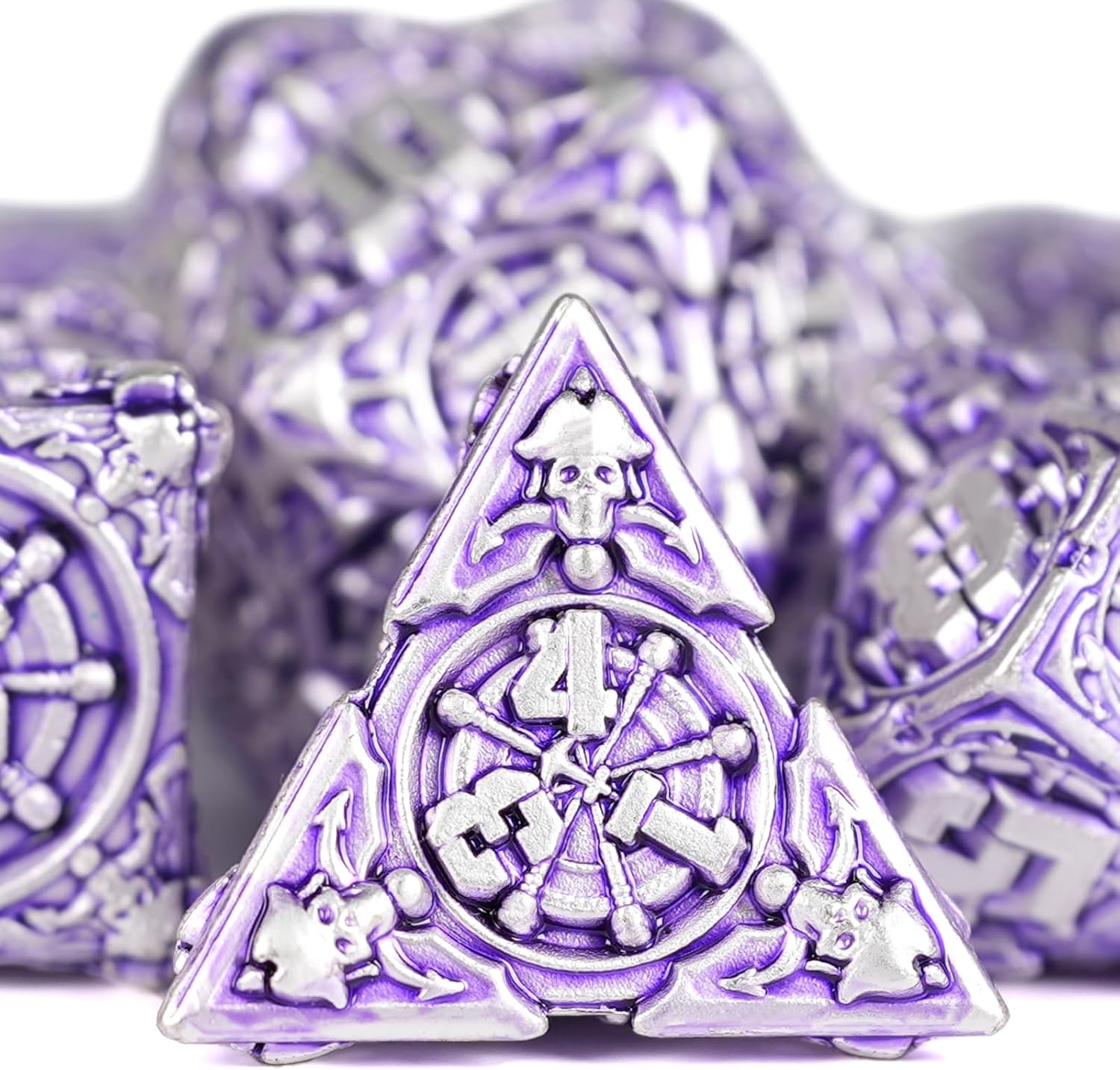 DND – Juego de dados de metal con caja, coloridos dados de pirata DND de 7 piezas para regalos RPG D&D Dungeons and Dragons (morado plateado)