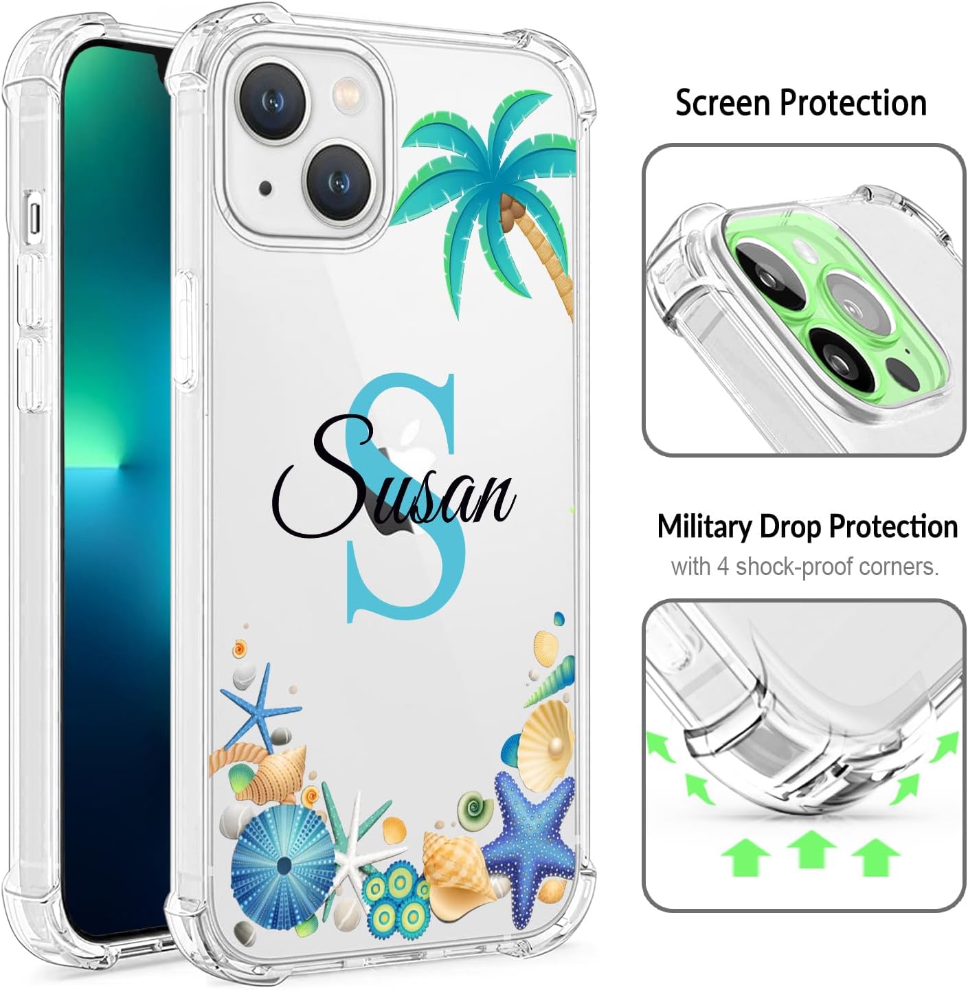 Nombre personalizado e inicial  Concha de playa  Funda transparente para iPhone 15 14 Pro Max 13 12 11 Xs Max Xr SE3 8 7 6 Plus 11 Pro Mini, con