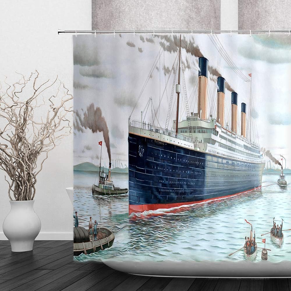 Cortina de ducha de decoración náutica, retro, clásica, barco Titanic, paisaje, acuarela, arte de baño, cortinas de tela de poliéster con gancho,
