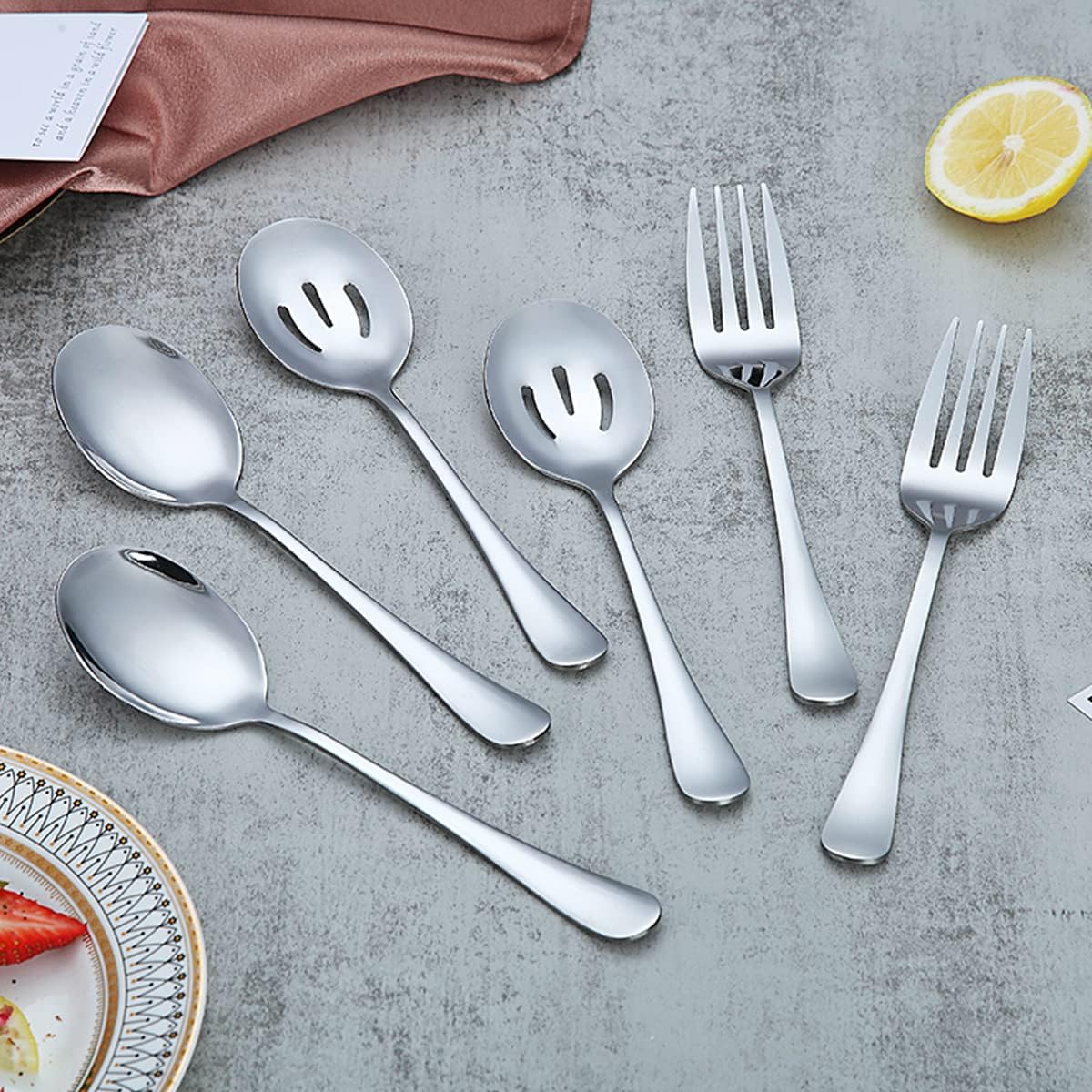 Cucharas para servir, los utensilios de acero inoxidable Kyraton incluyen 2 cucharas de servir, 2 cucharas de servir ranuradas, 2 tenedores para