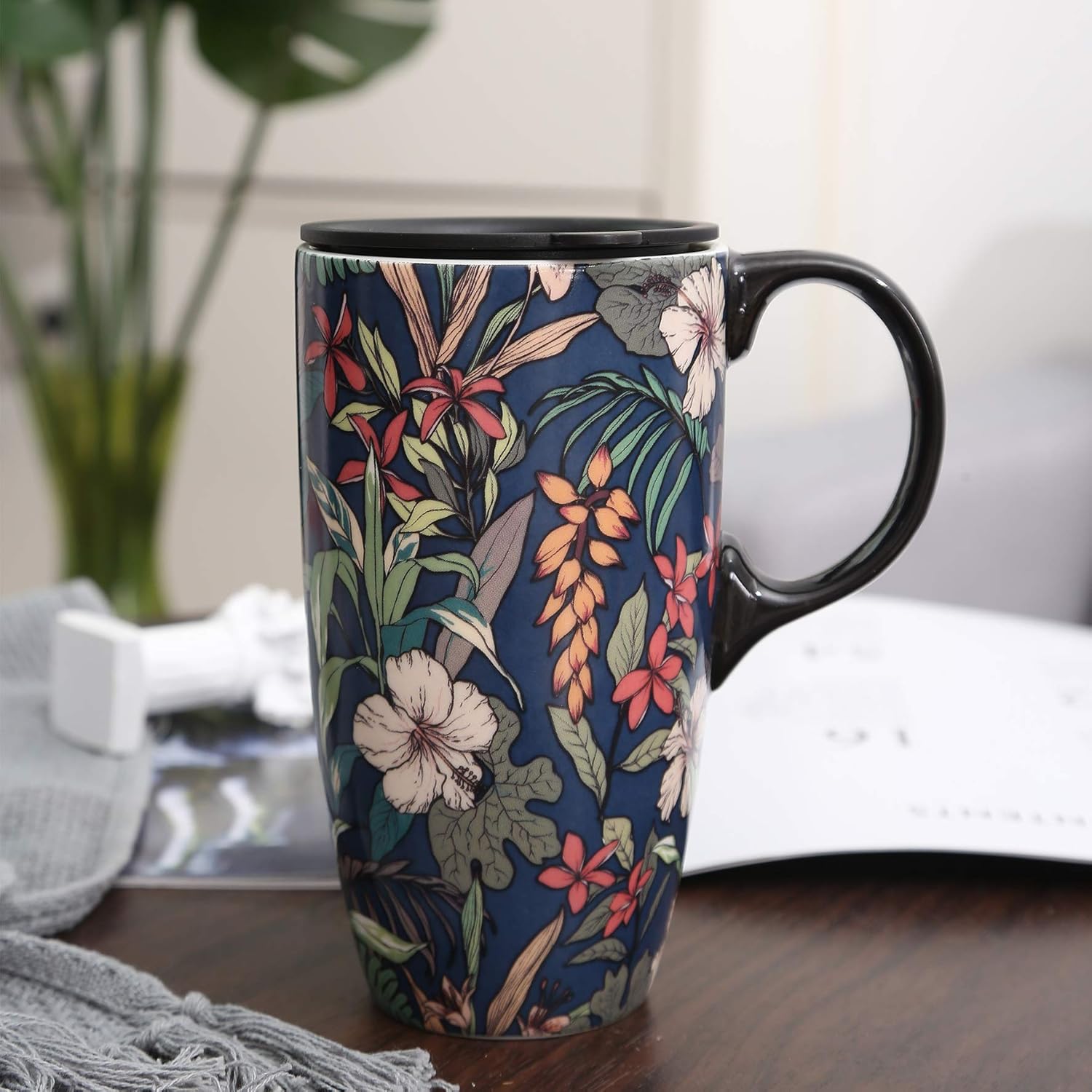 Topadorn Taza de café de cerámica para regalo con tapa de 17 onzas, taza de té alta de porcelana con asa para el hogar y la oficina, taza con patrón