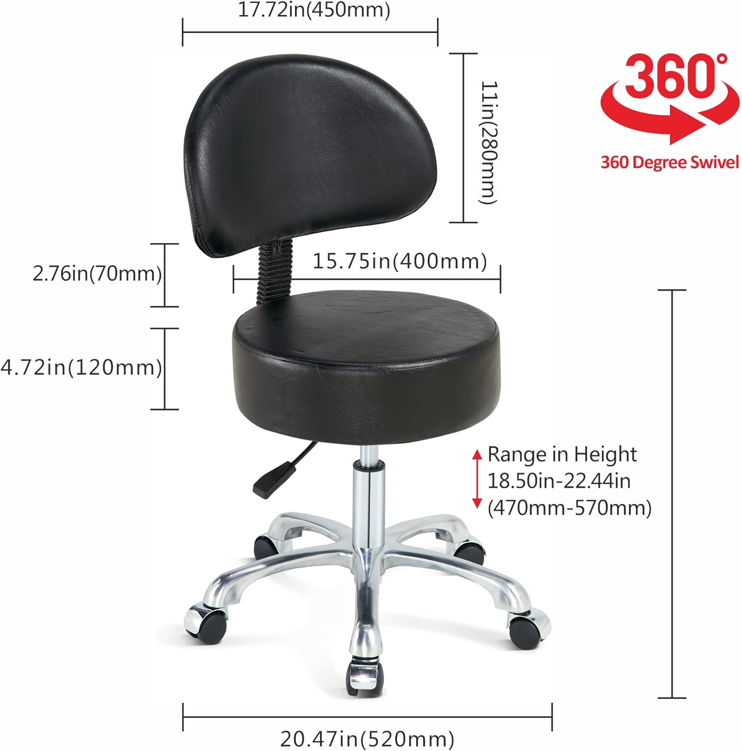 Taburete giratorio negro con ruedas, acolchado grueso y resistente, taburete ajustable con ruedas para médico, médico, salón de masajes, oficina,