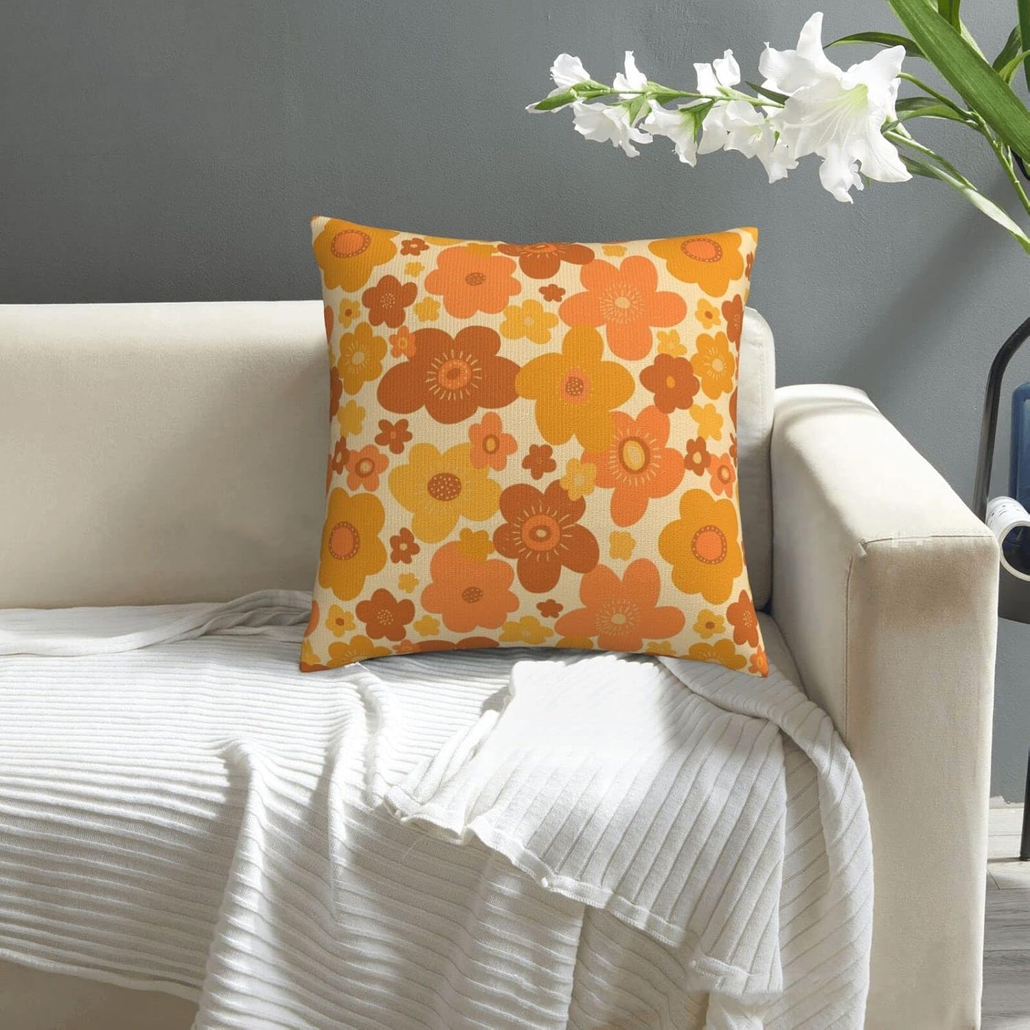 Drissa Fundas de almohada abstractas retro vintage de los años 70 con patrón floral hippy naranja, funda de almohada decorativa de 18 x 18 pulgadas,