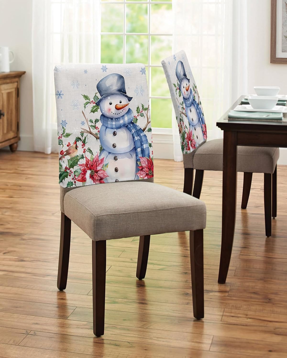 Paquete de 4 fundas de respaldo de silla de Navidad con muñeco de nieve azul para sillas de comedor, fundas extraíbles lavables para silla de