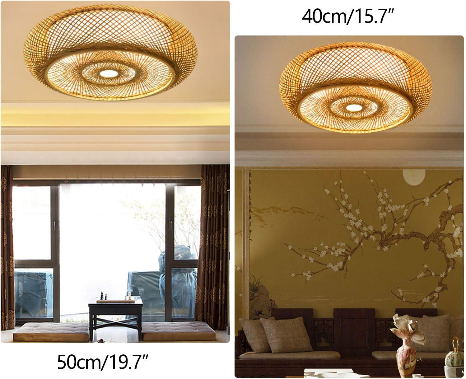 LOHISHILO Lámpara moderna de 3 luces, lámpara de interior, lámpara de techo vintage de bambú, lámpara colgante de linterna de ratán para cocina,