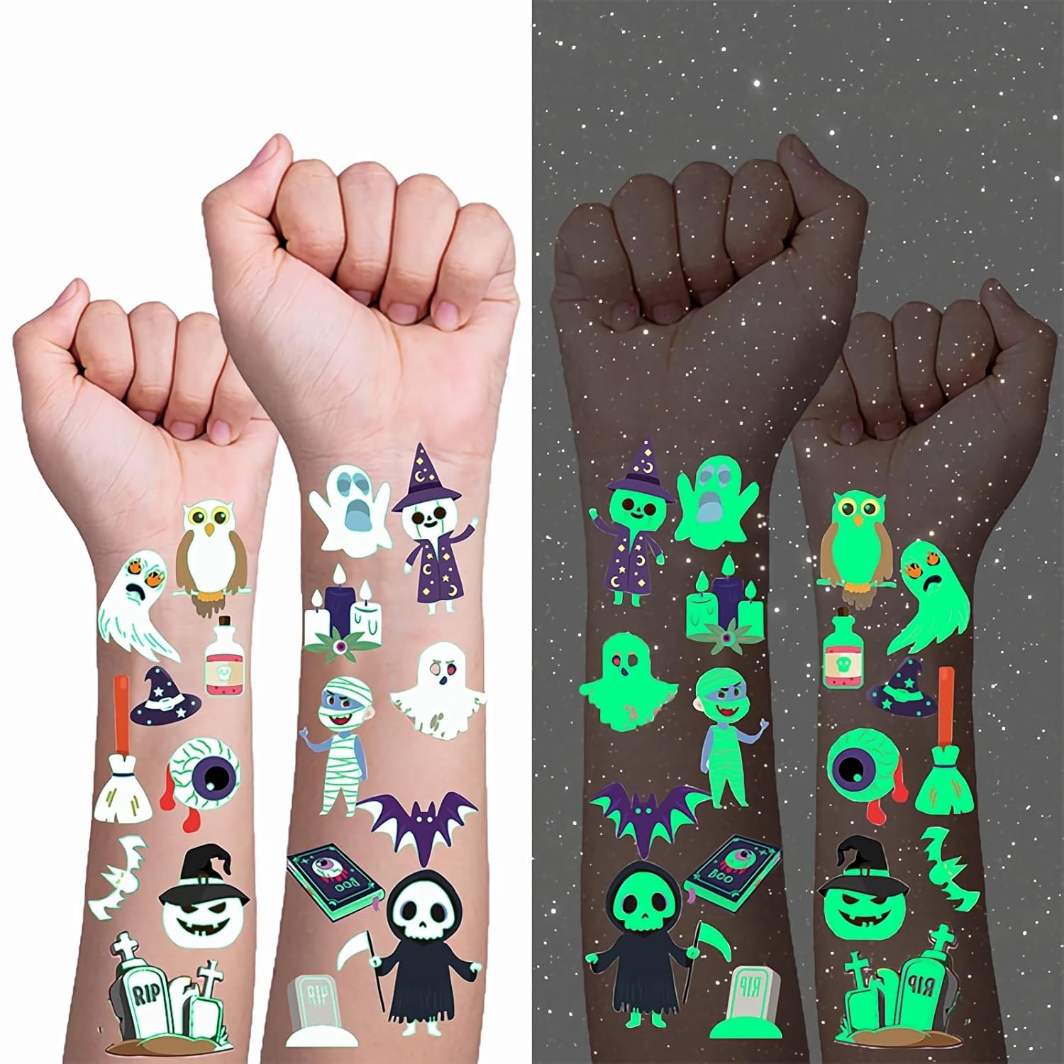 Tatuajes temporales para niños, decoraciones de Halloween brillantes, suministros de recuerdos de fiesta de cumpleaños, tatuajes falsos de