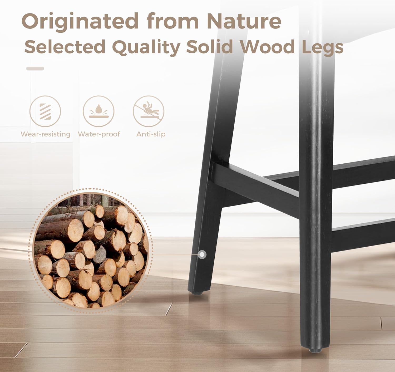 MAISON ARTS Juego de 4 taburetes de bar grises para encimera de cocina, patas de madera maciza con asiento de silla de montar de piel sintética,