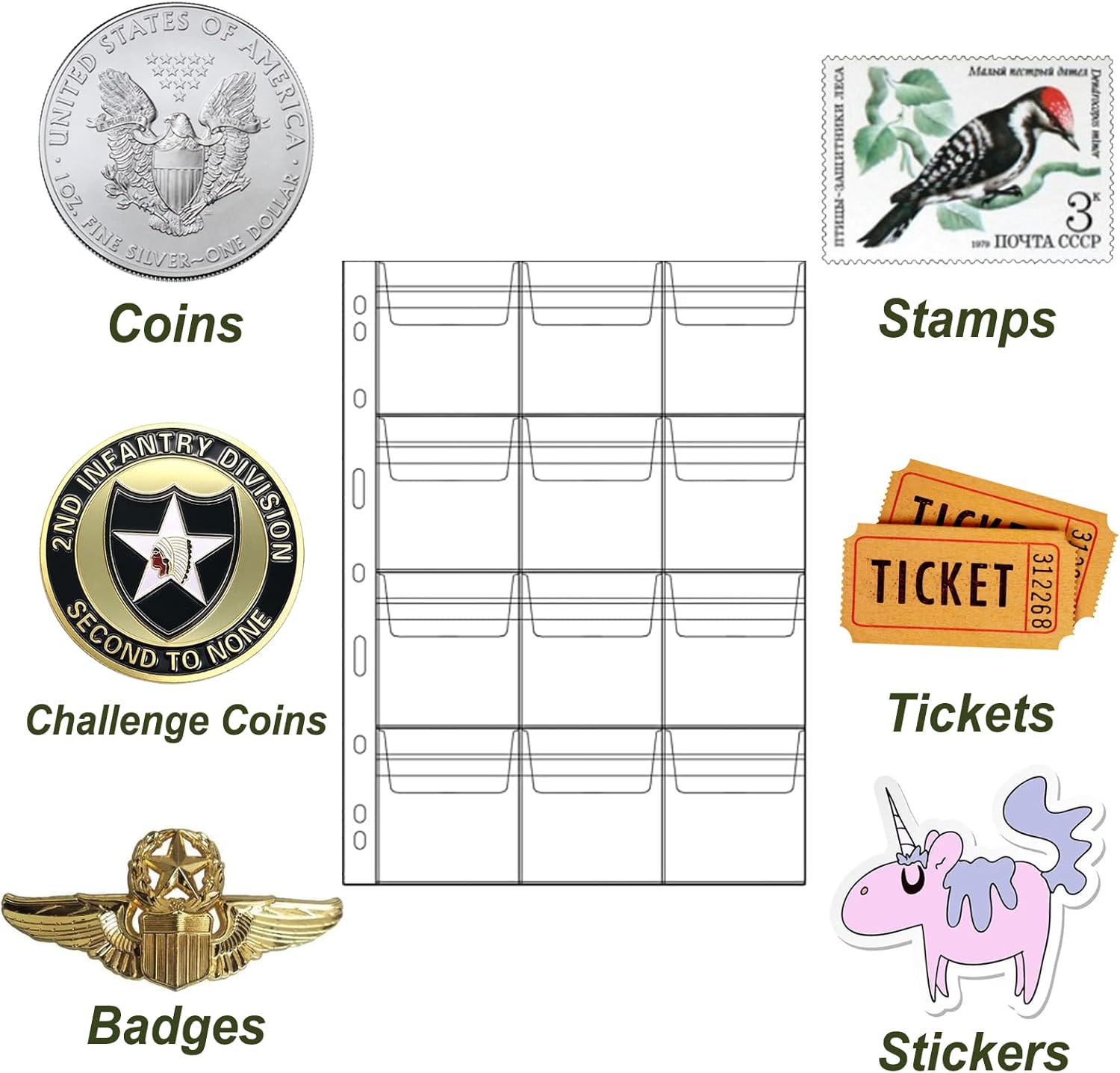 MUQING Proveedores de colección de monedas de 240 bolsillos, 20 hojas de 12 bolsillos para coleccionistas, páginas de bolsillo para monedas, fundas