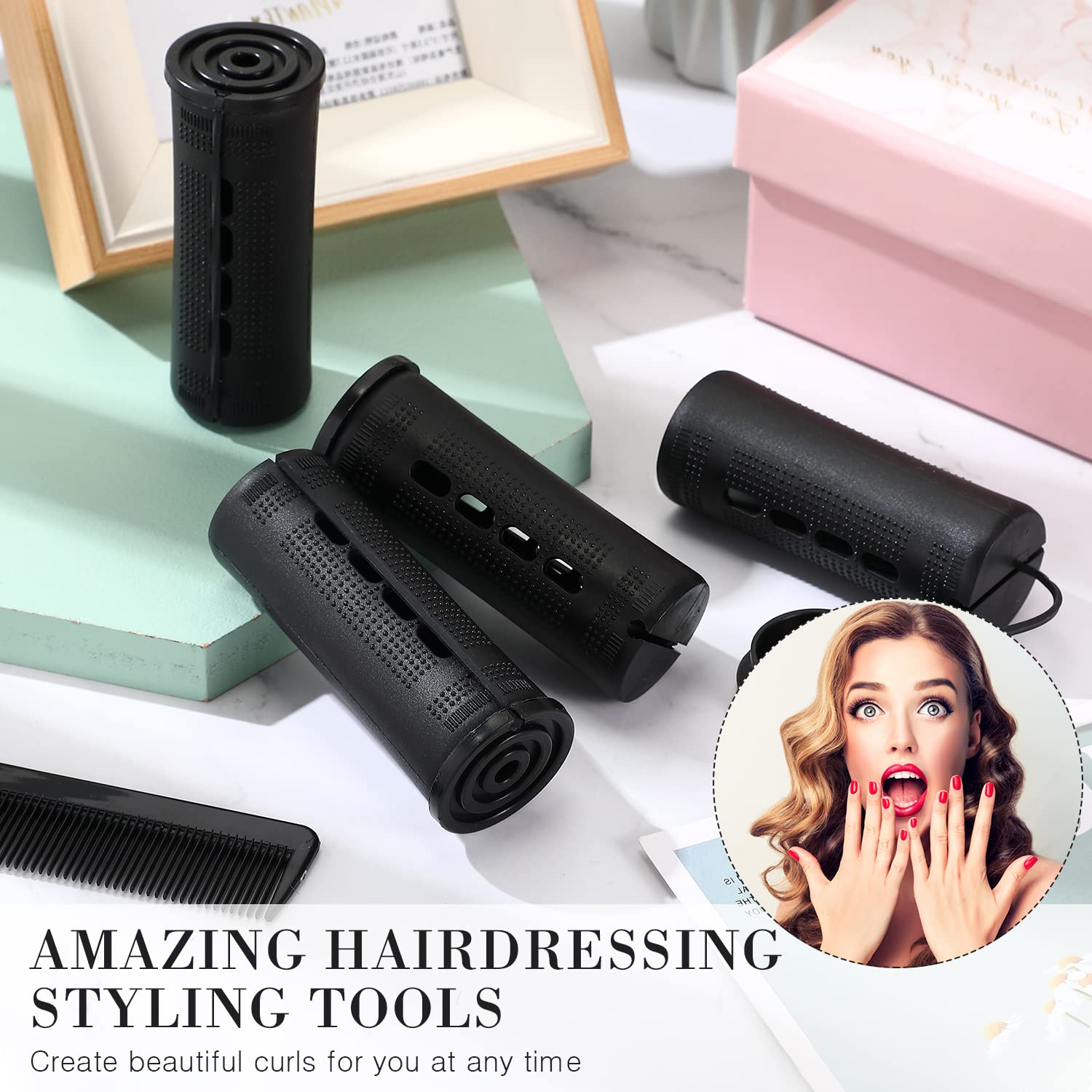 36 piezas de varilla de cabello ondulado frío, rodillos de cabello permanentes, rizadores con peine de cola de rata de acero para peluquería (negro,