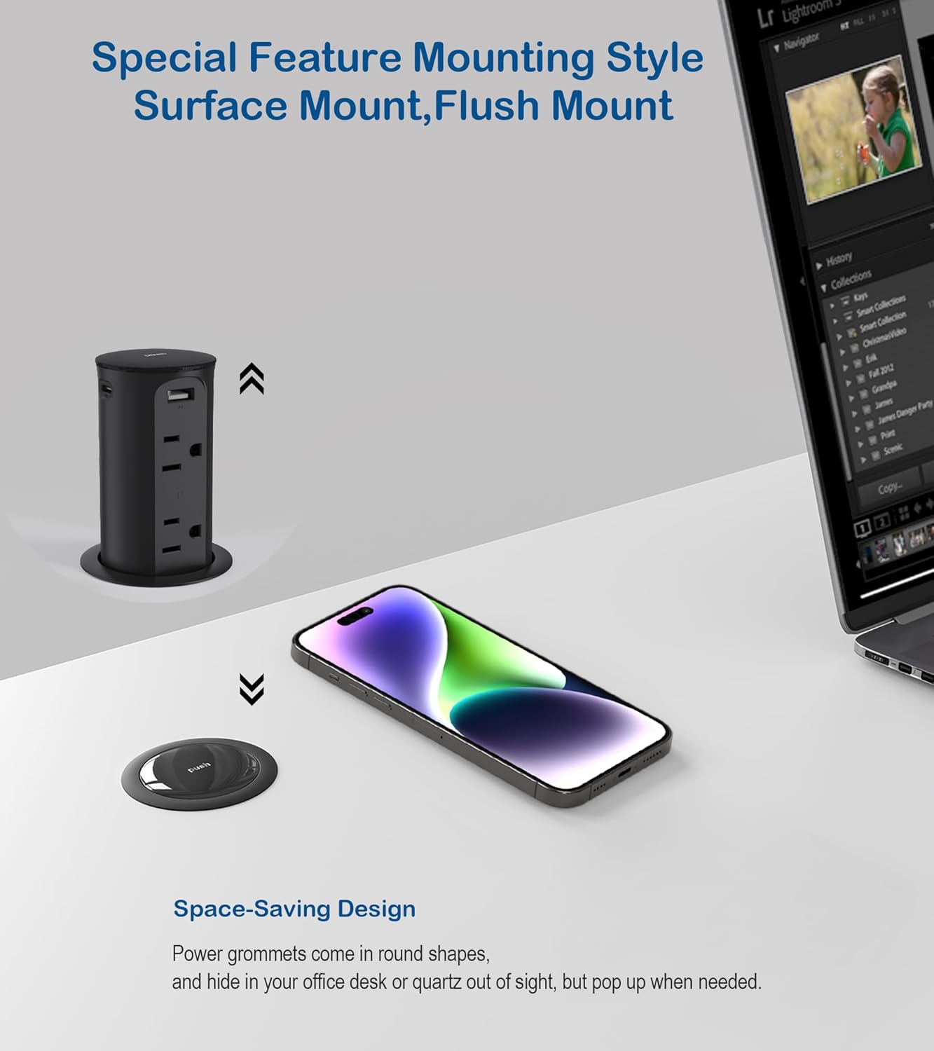 Toma de corriente desplegable para encimera con USB C, ojal de alimentación de escritorio de orificio de 2.5 pulgadas, 4 salidas, 4 puertos USB,