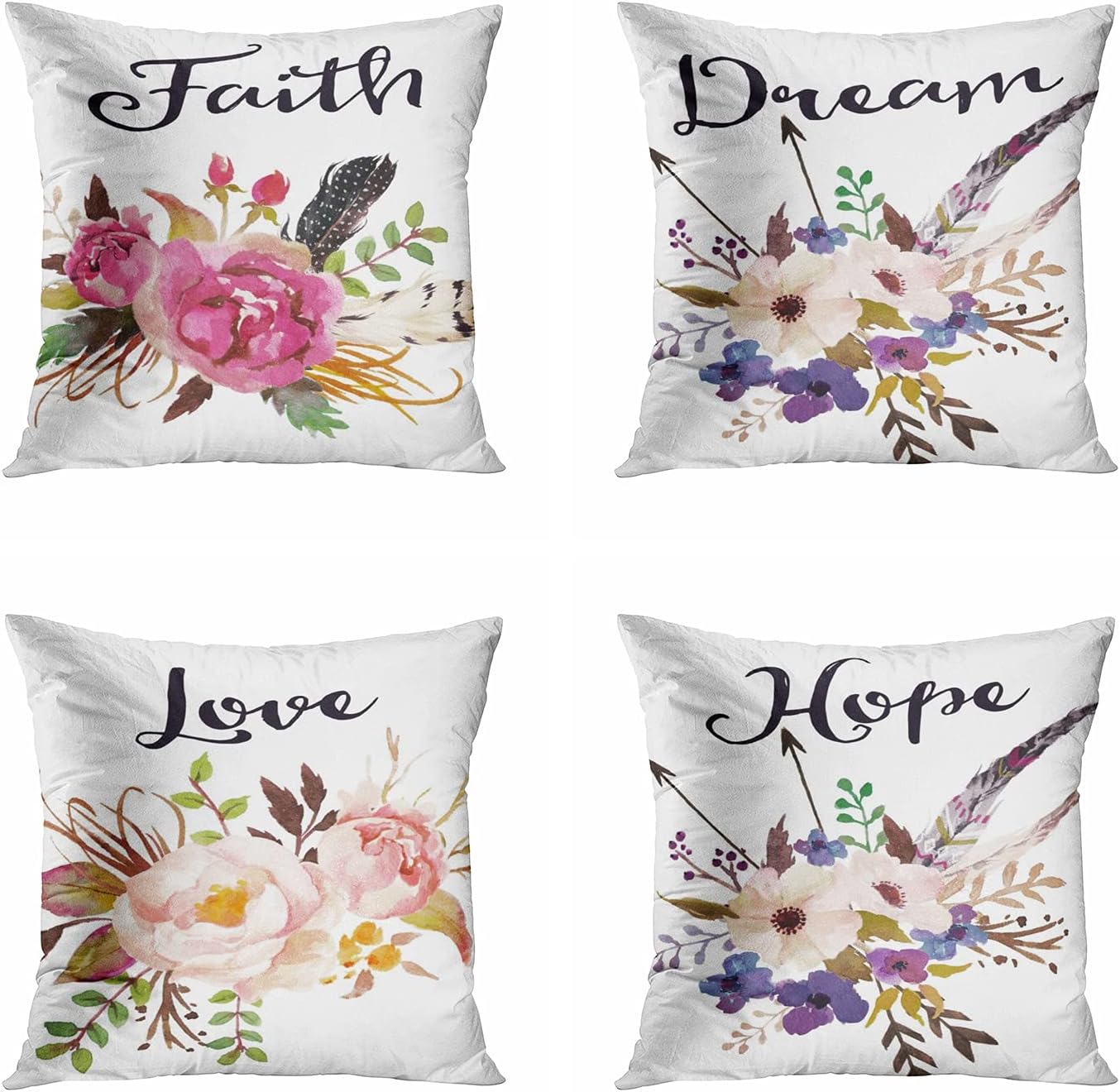 rouihot Juego de 4 fundas de almohada cuadradas de 16 x 16 pulgadas con frase en acuarela floral de sueño, fe, amor, esperanza, cita para decoración