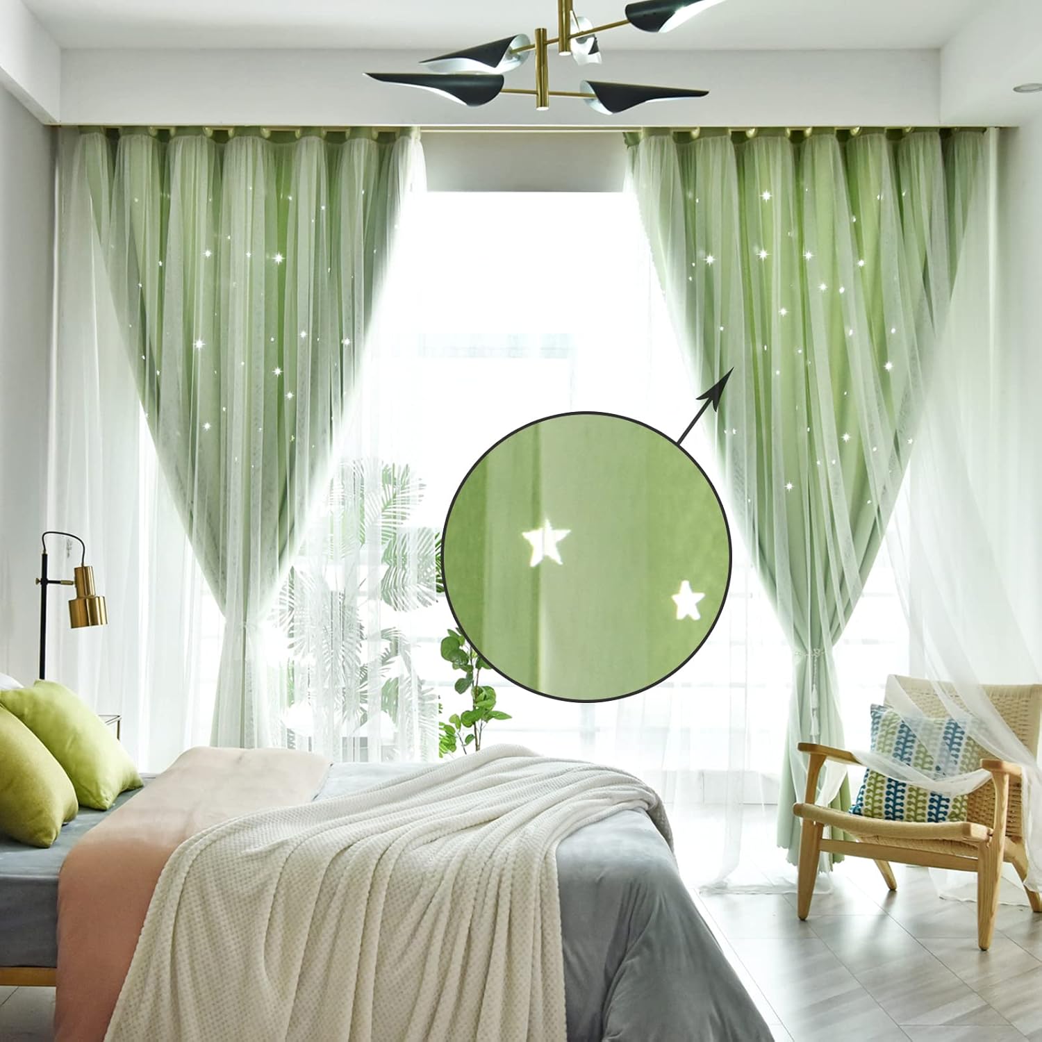 Jilron Cortinas opacas con estrellas huecas para habitaciones de niños, niñas, cortina corta de princesa para decoración de dormitorio de hija,