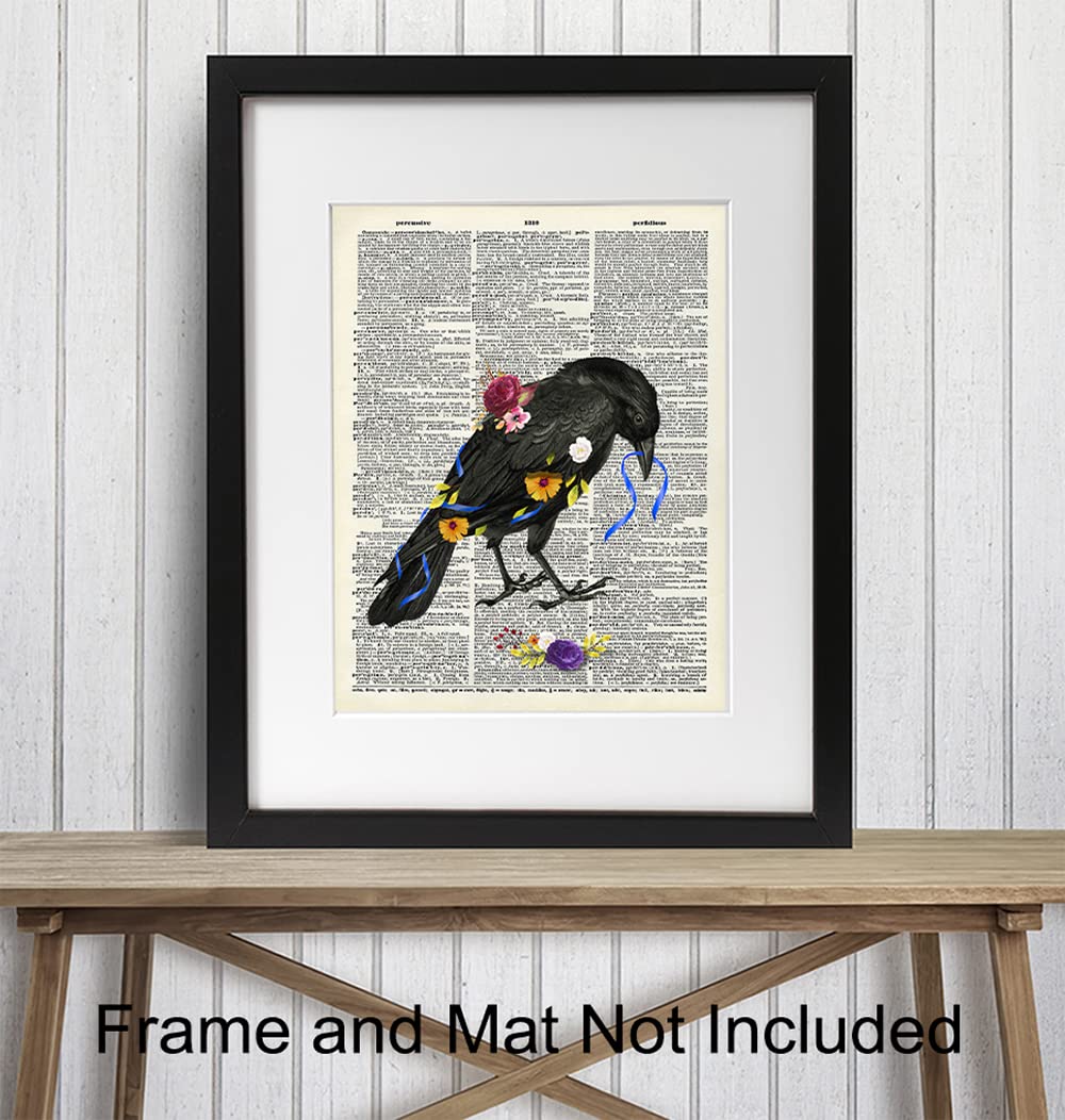 Floral Black Raven Wall Art – Gothic Crow Home Decor – Gift for Edgar Allan Poe, Goth Fans, Women – Cool Medieval Decor Picture Print for Bedroom,