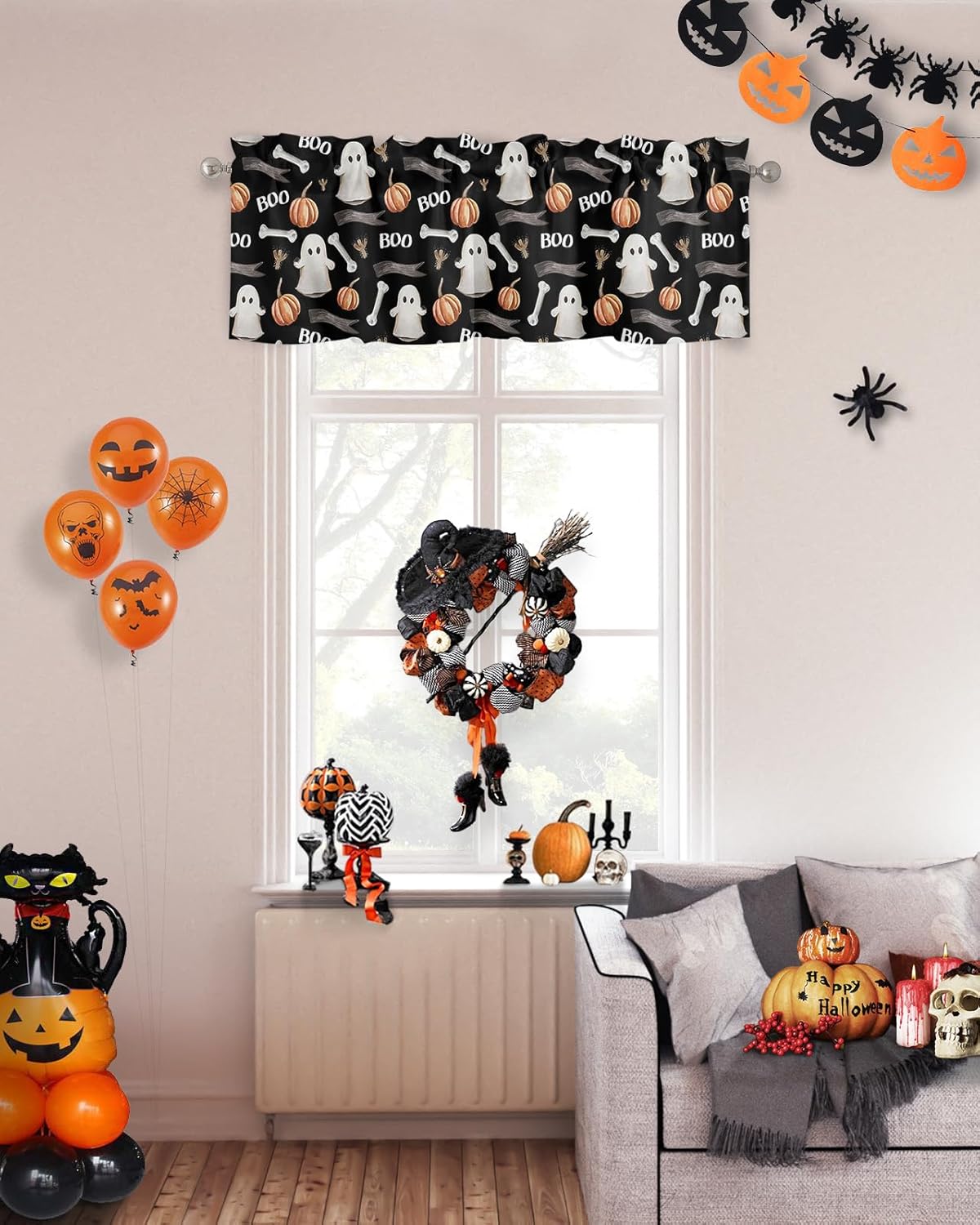 Cortinas de cocina para ventanas, cenefas de Halloween con rama de hueso fantasma, calabaza, color negro, cenefa de cortina con bolsillo para barra,