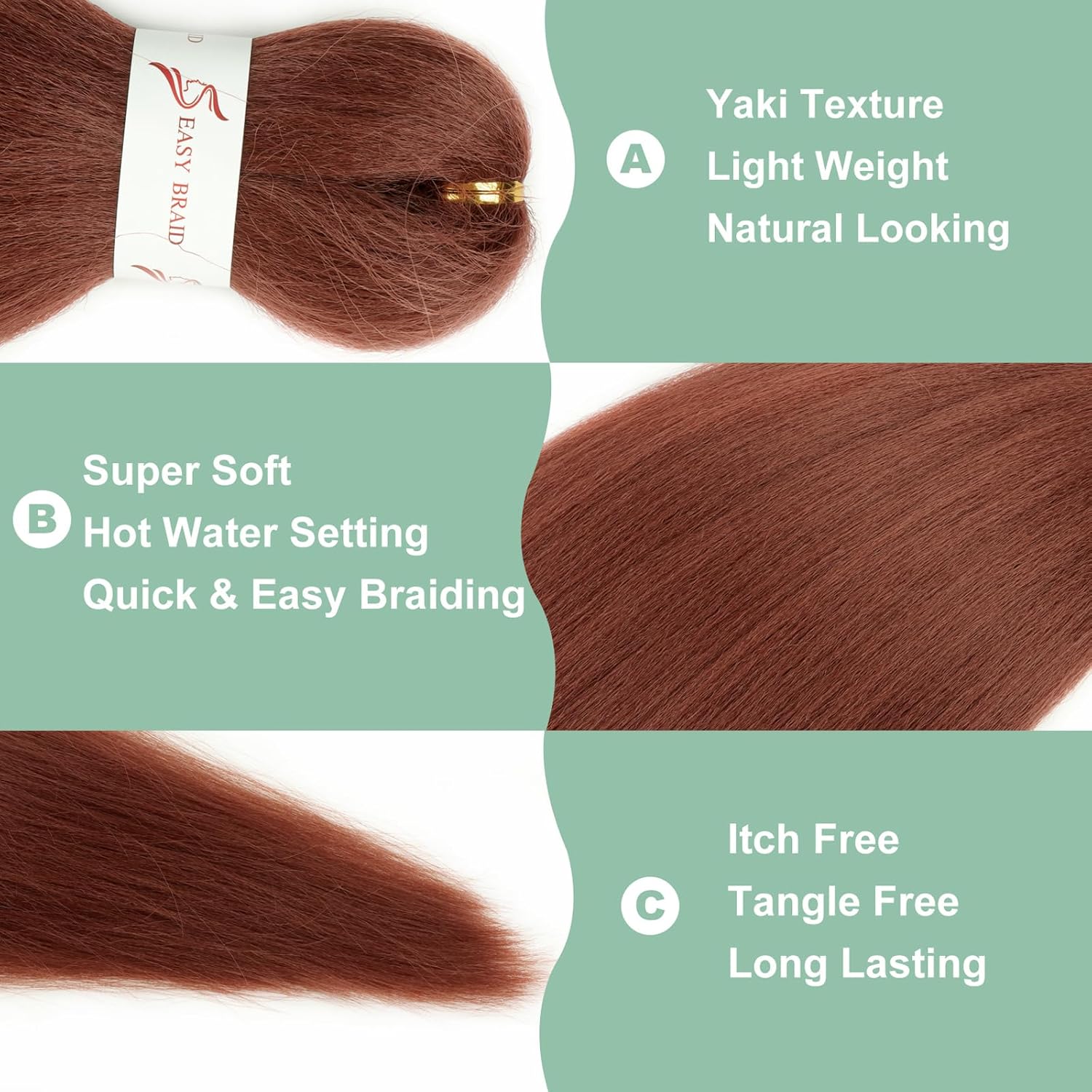 Cabello trenzado de jengibre preestirado de 26 pulgadas, 3 paquetes de 350 # rojo cobre Kanekalon preestirado, cabello trenzado EZ, textura Yaki,