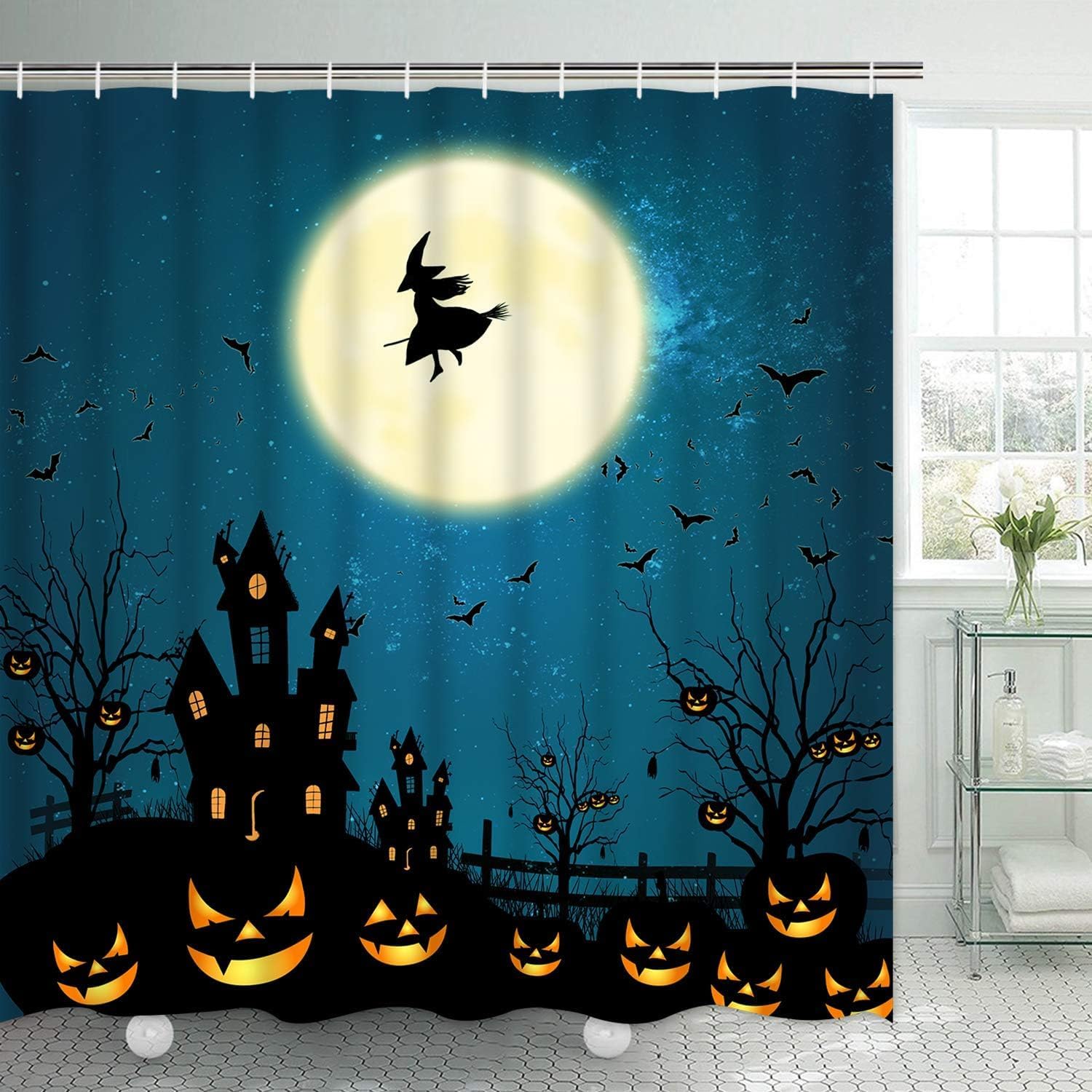 Ikfashoni Juego de 4 cortinas de ducha de Halloween con alfombras antideslizantes, cubierta para tapa de inodoro y tapete de baño, cortina de ducha
