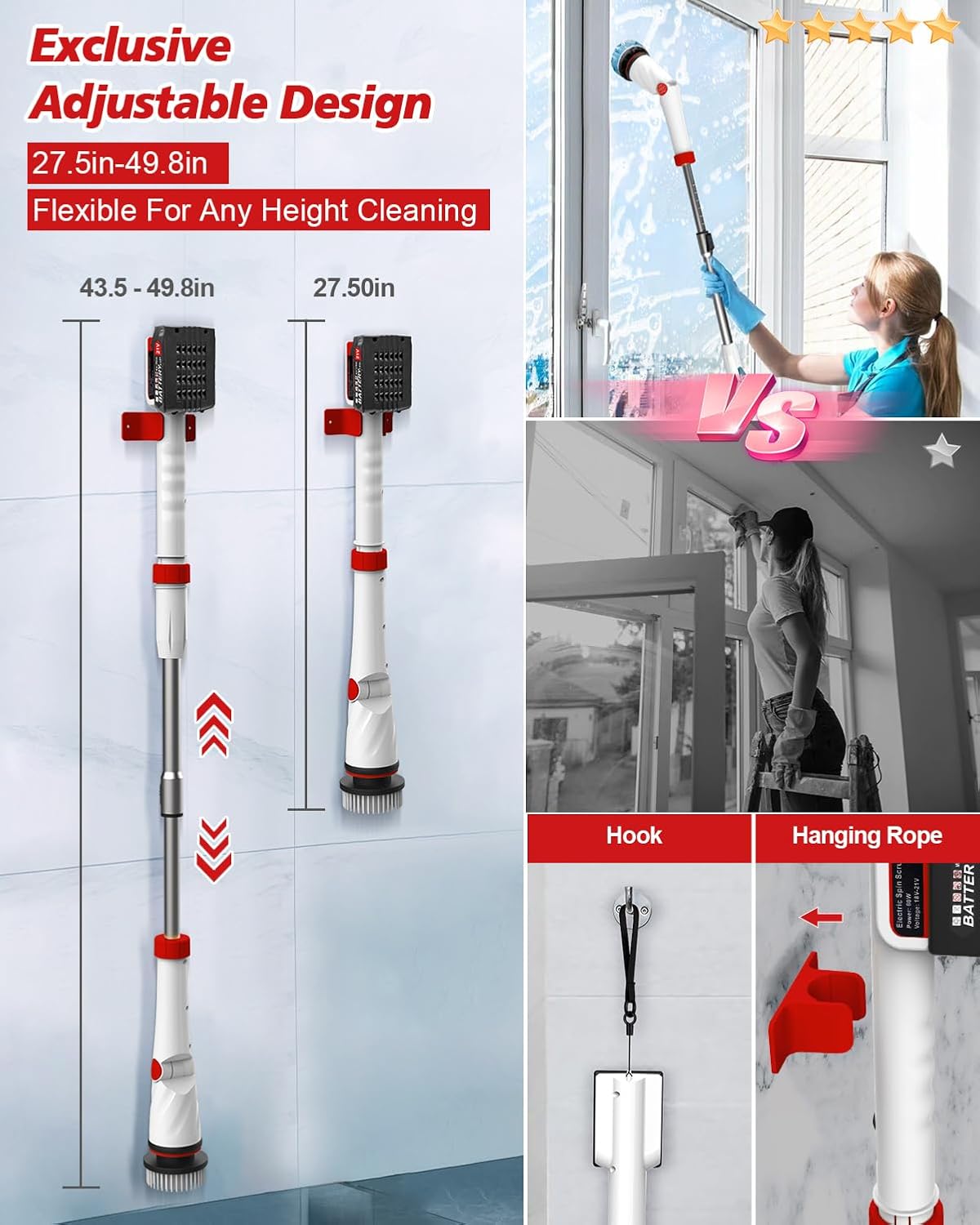 1200 RPM Electric Spin Scrubber, 21V Spin Scrubber for Cleaning, 50inch Extendable Handle Spinning Cleaning Brush, Cordless Power Spin Scrubber,8