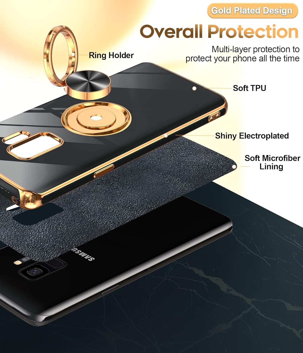 LeYi Funda para teléfono Samsung Galaxy S9 con soporte de anillo giratorio de 360, soporte magnético, chapado en oro rosa con borde protector para