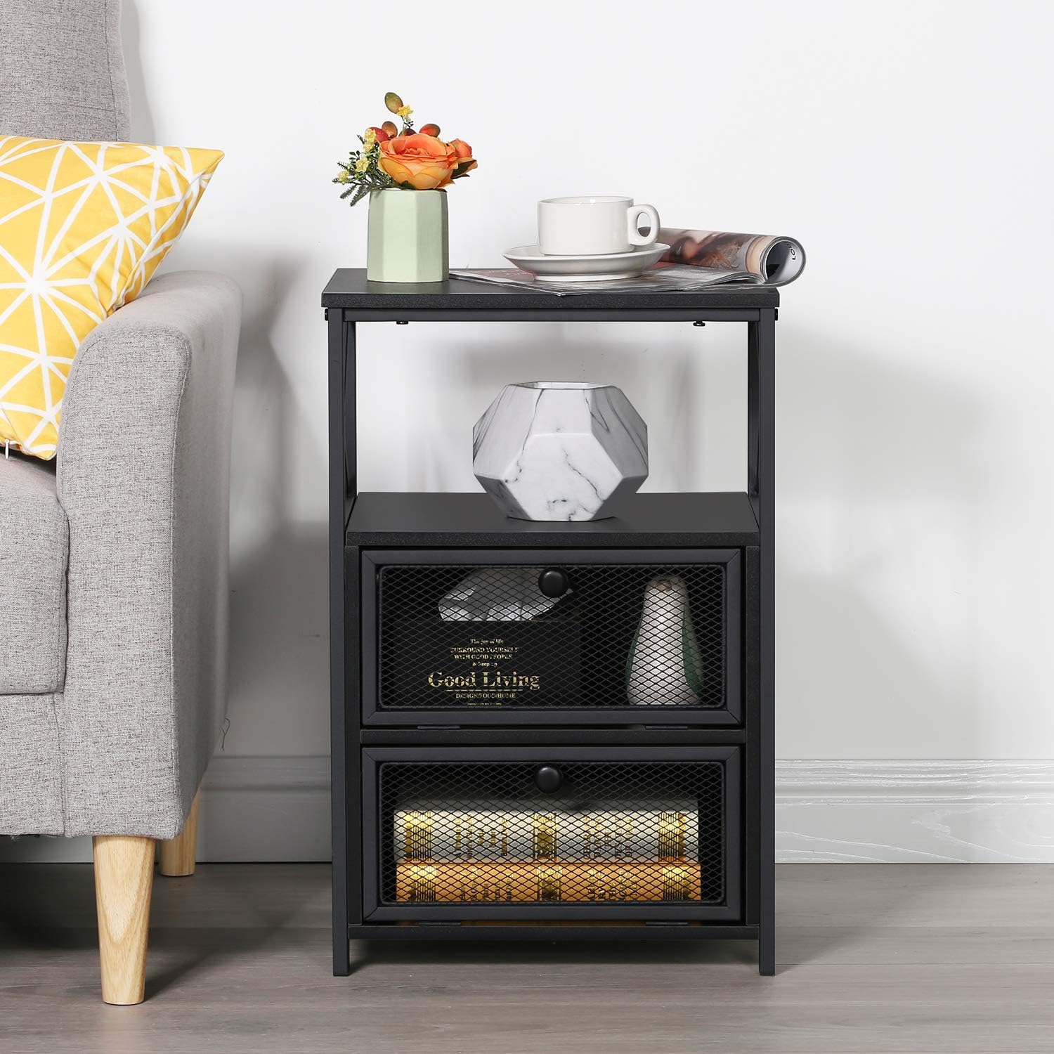 VECELO Mesita de noche, mesa auxiliar con espacio de almacenamiento y puerta, mesitas de noche modernas para sala de estar, dormitorio, mármol