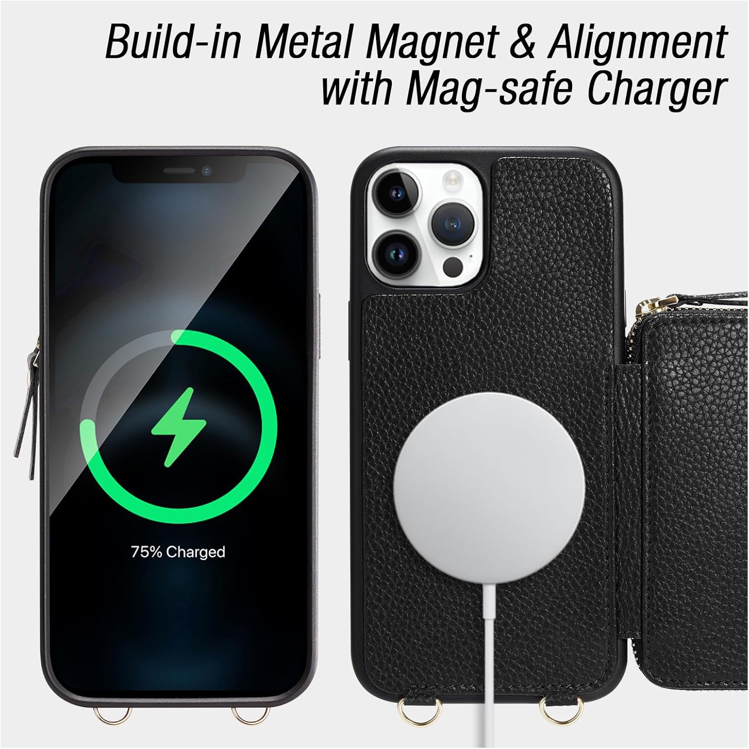 ZVE Magsafe – Funda tipo cartera para iPhone 15 Pro, funda magnética cruzada para teléfono con correa para la muñeca para mujer, funda de piel con