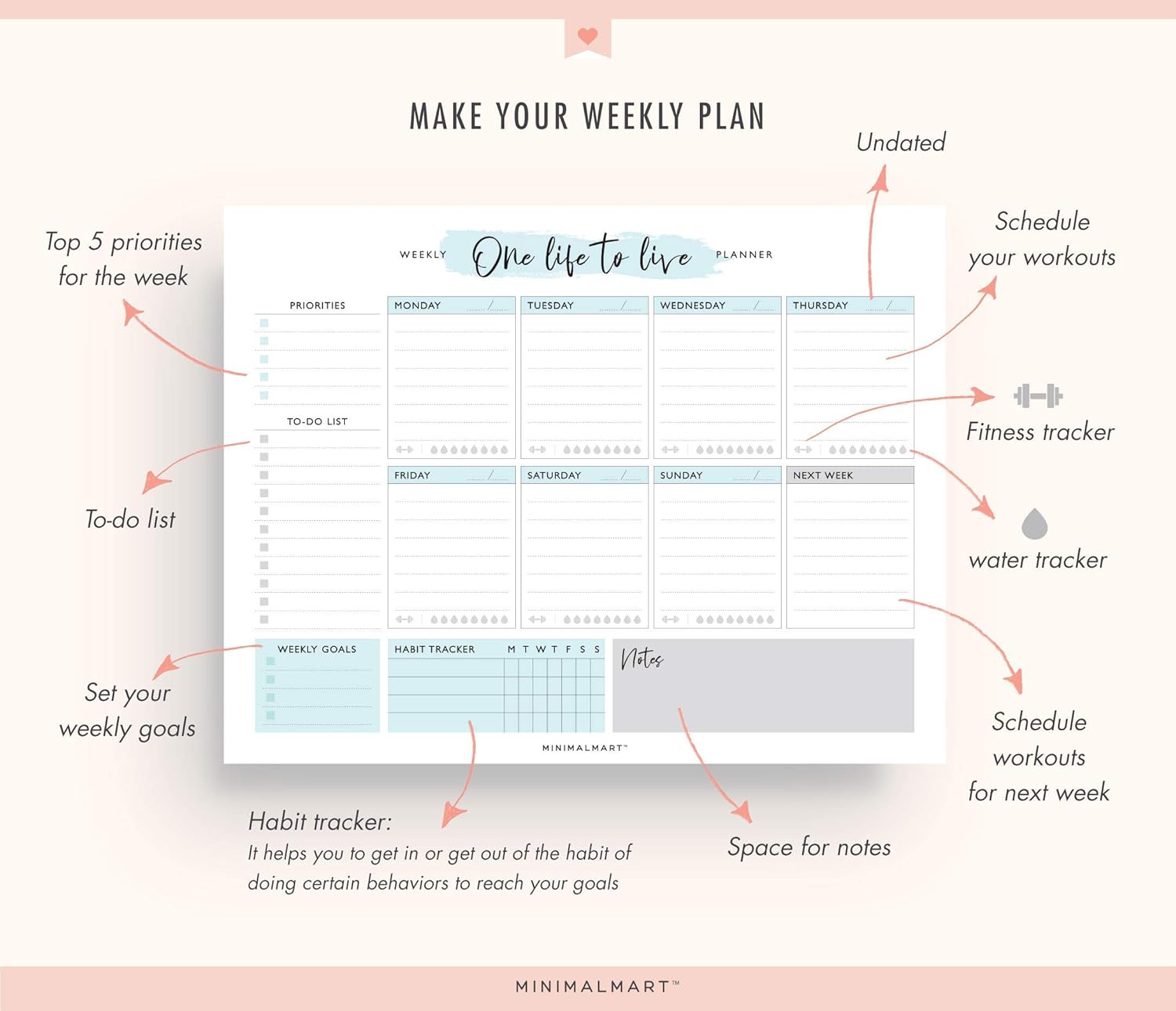 Planificador semanal lindo  50 hojas sin fecha  Calendario de productividad personal organizador para tareas diarias, citas, preparación de comidas,