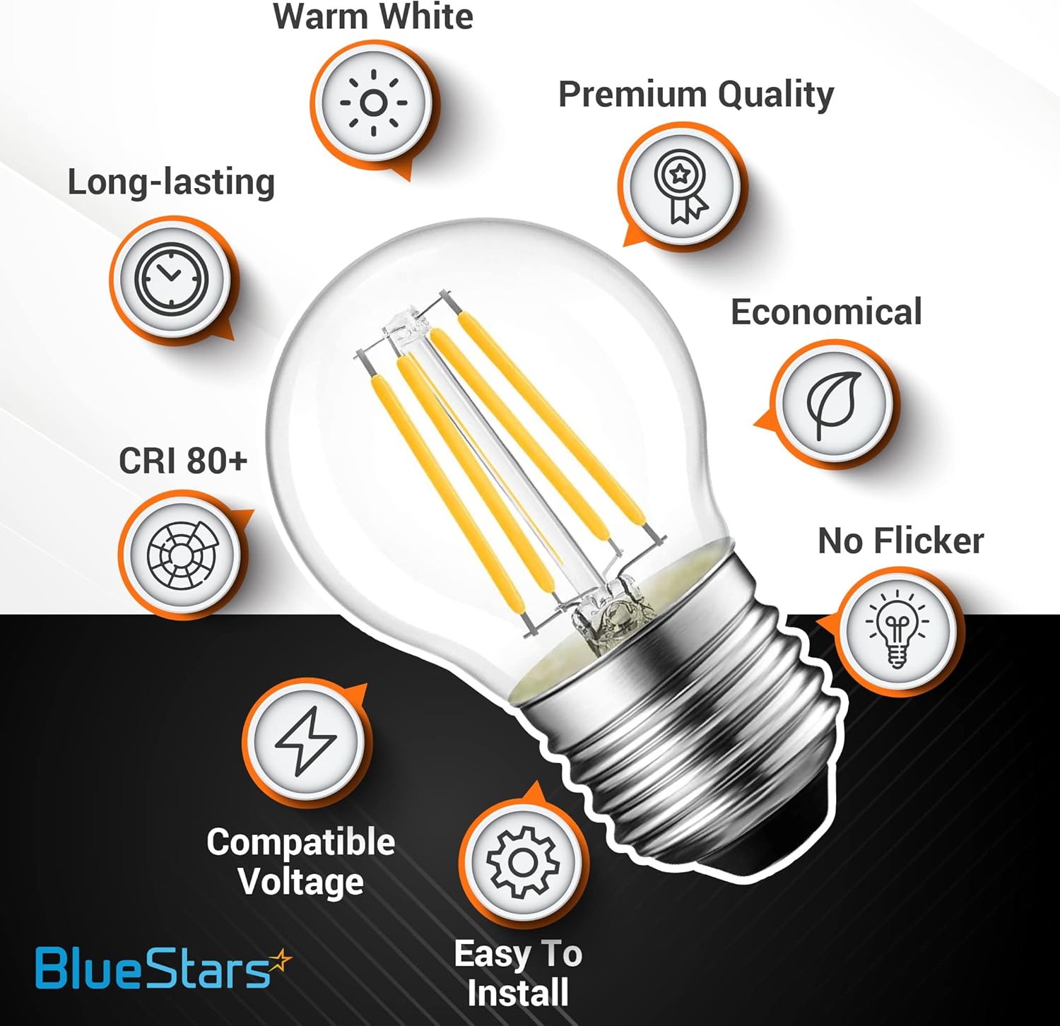 BlueStars Bombilla LED G45 E26 Edison de 120 V 5 W (equivalente a 60 vatios), luz blanca cálida de 2700 K, 550 lm, no regulable, para lámparas