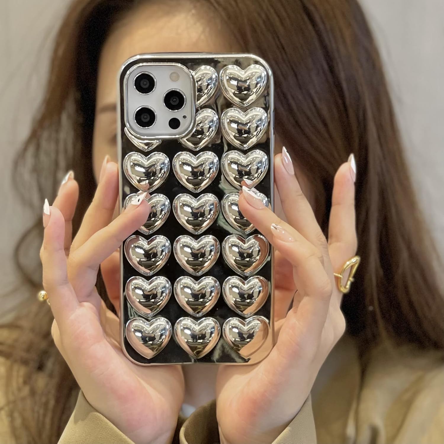 Funda para teléfono con diseño de corazón chapado en 3D, color plateado, compatible con iPhone 12 Pro Max, galvanizada en forma de corazón, de lujo,