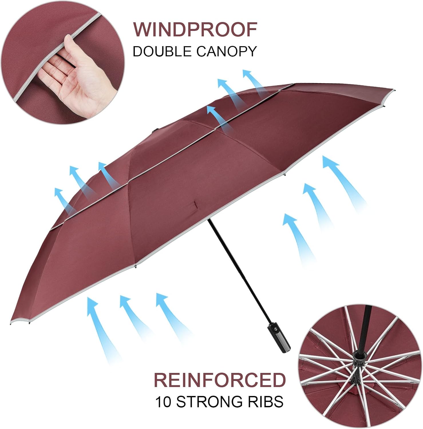 G4Free Paraguas invertido resistente al viento de 62 pulgadas con rayas reflectantes, paraguas grande y compacto de golf para lluvia, 10 varillas,