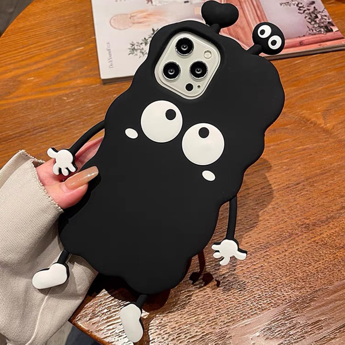 Bonita funda para iPhone 14 Pro de 6.1 pulgadas, funda 3D Kawaii de dibujos animados negra linda funda de silicona para teléfono, gruesa a prueba de