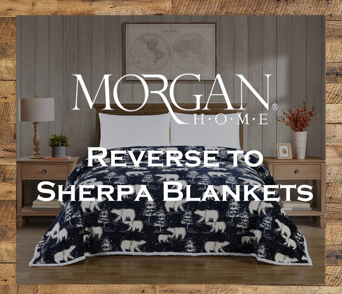 Morgan Home Manta de terciopelo de felpa con reverso a sherpa, manta grande para cama o sofá acogedora y cálida (oso polar crepúsculo, Queen)