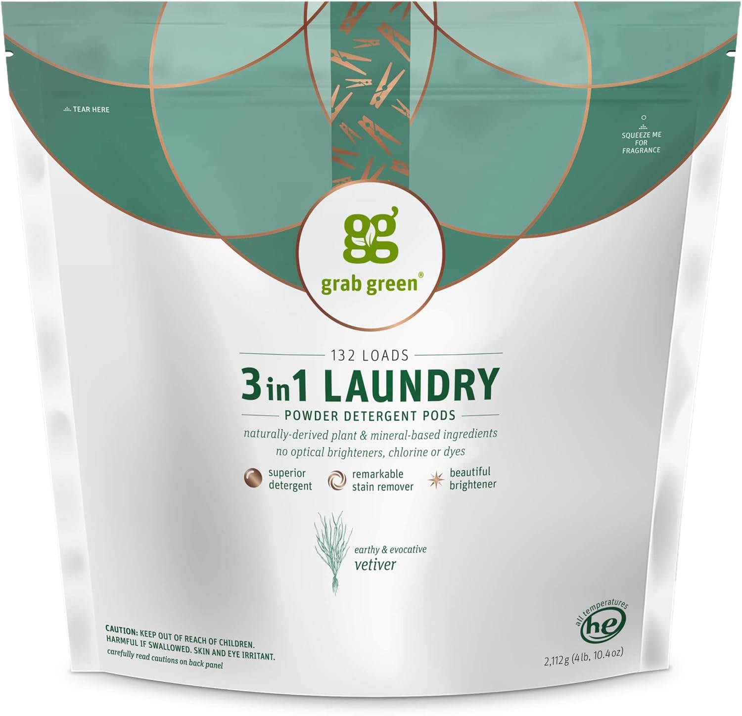 Grab Green Cápsulas de detergente 3 en 1, 132 unidades, aroma vetiver, a base de plantas y minerales, poder de limpieza superior, removedor de