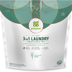 Grab Green Cápsulas de detergente 3 en 1, 132 unidades, aroma vetiver, a base de plantas y minerales, poder de limpieza superior, removedor de Grab Green Cápsulas de detergente 3 en 1, 132 unidades, aroma vetiver, a base de plantas y minerales, poder de limpieza superior, removedor de