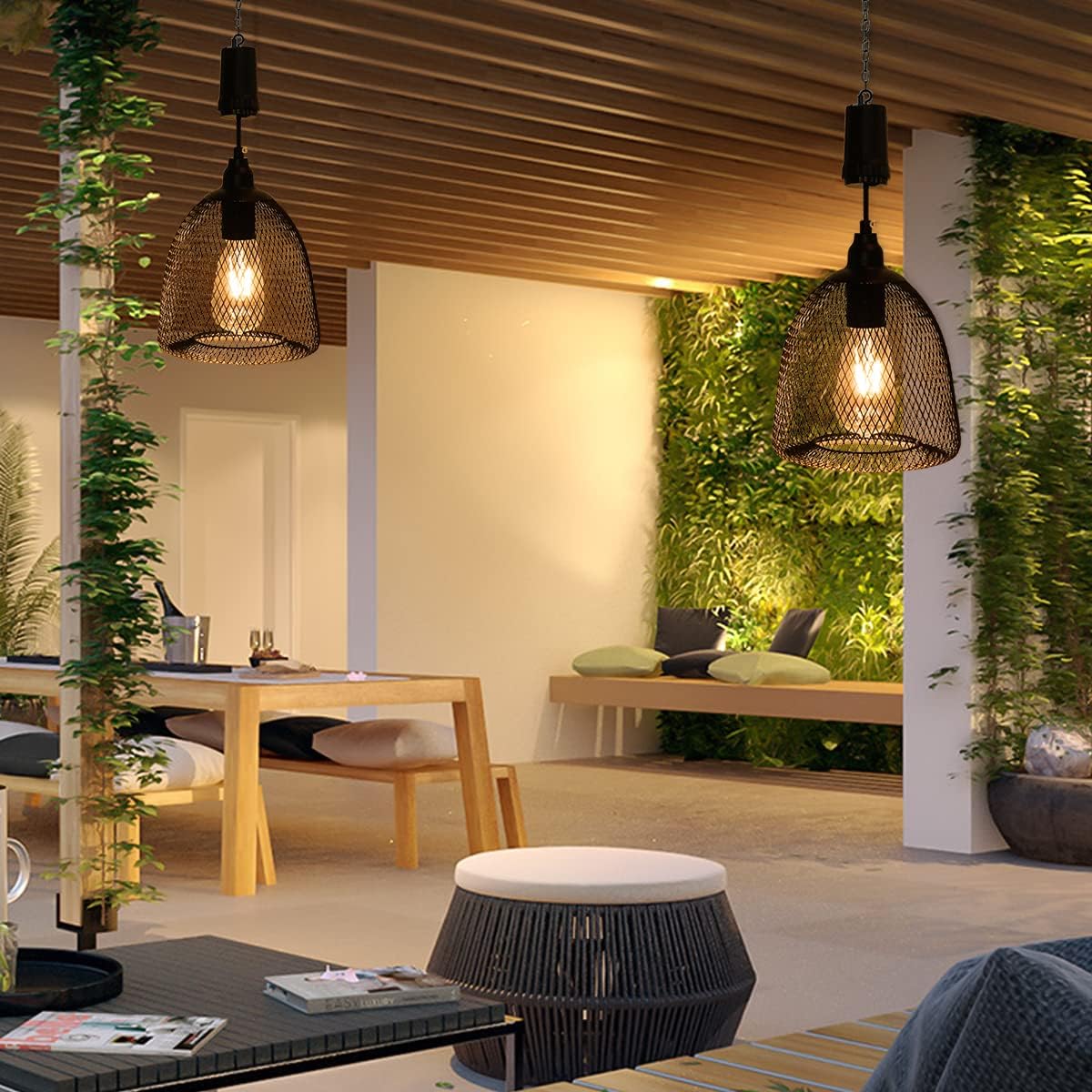 Lámpara colgante con pilas, lámpara de decoración retro, lámpara de malla de metal negro, luces Edison con temporizador de 6 horas, lámpara colgante
