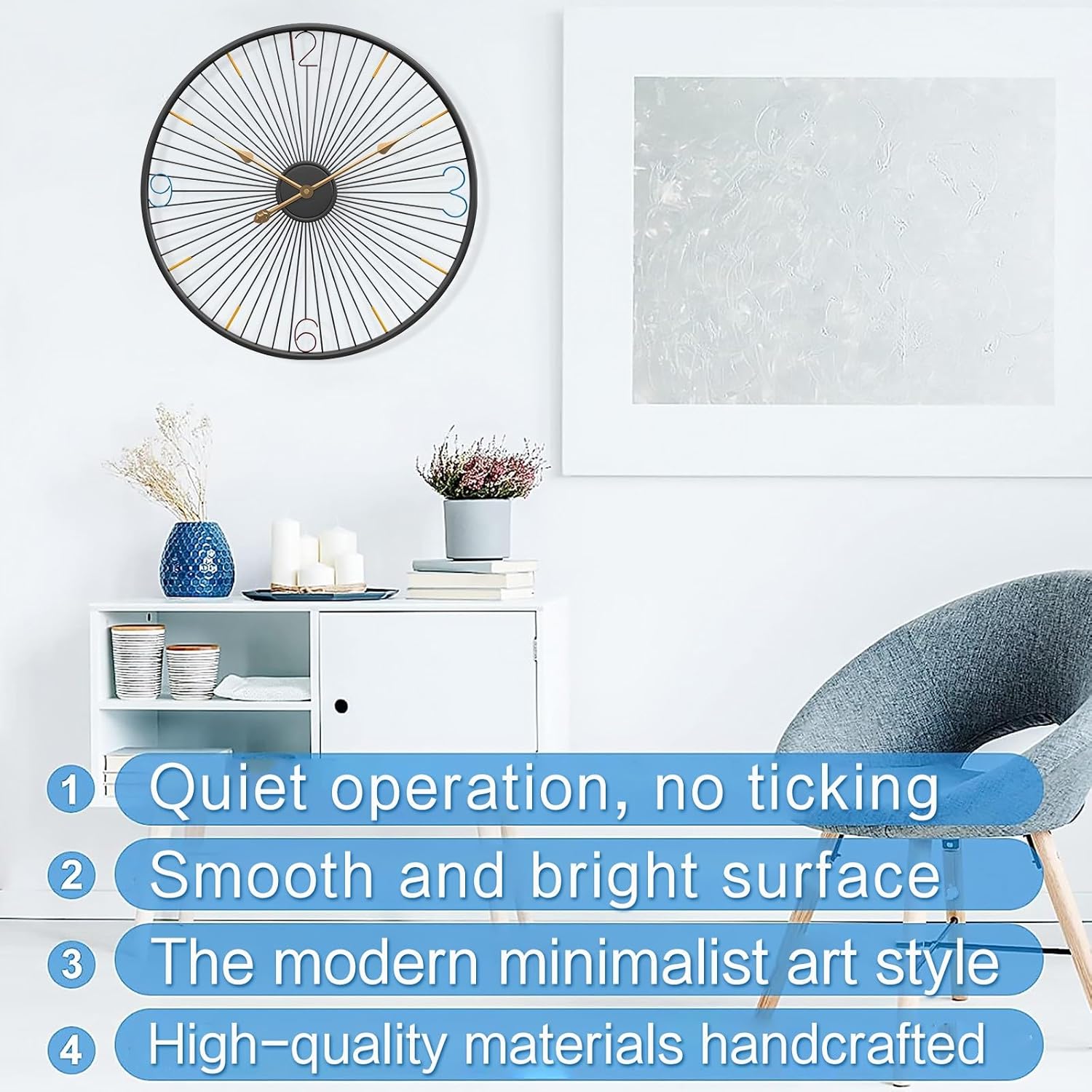 Reloj de pared de metal moderno grande de 20 pulgadas, movimiento silencioso a pilas, decoración artística del hogar para sala de estar, cocina,