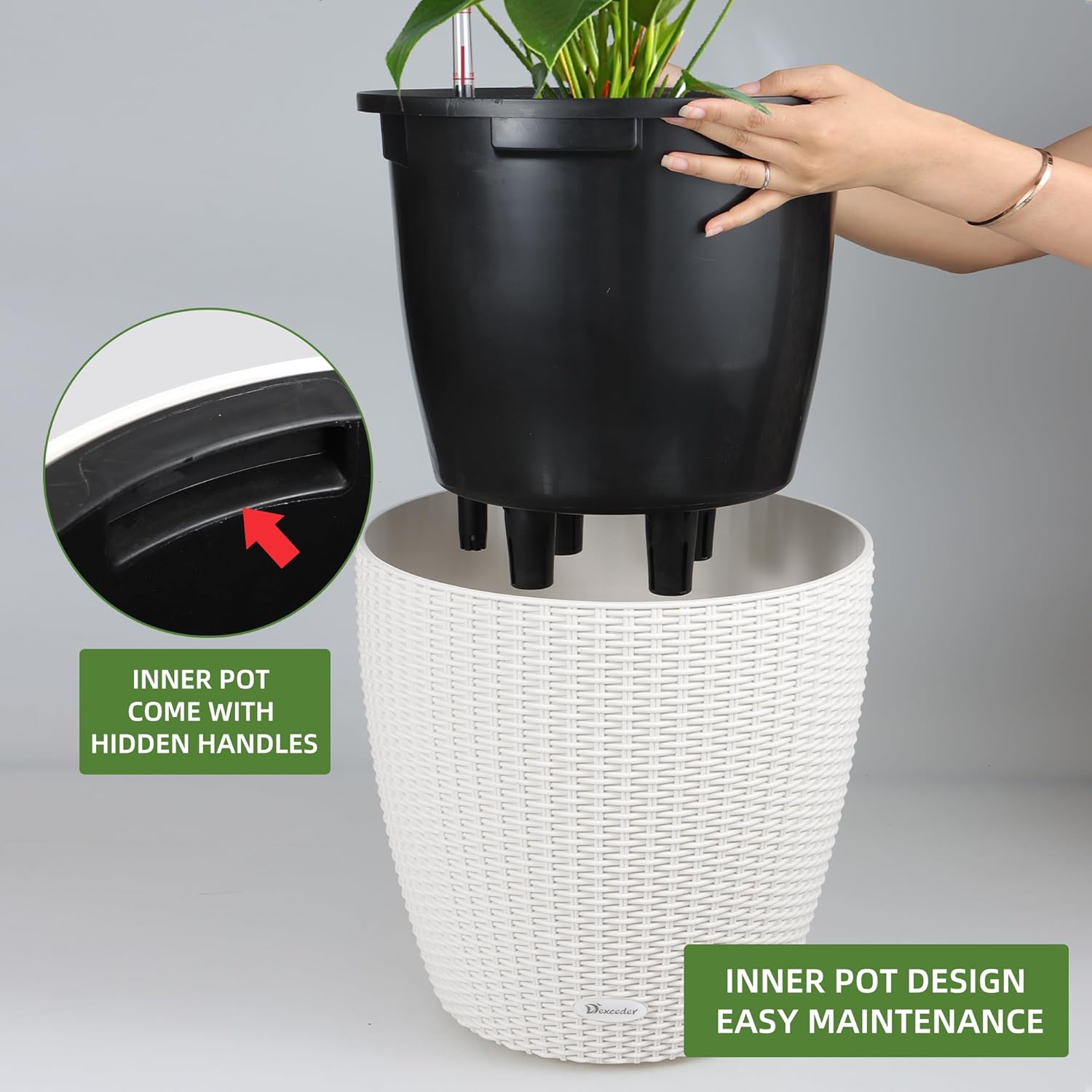 Maceta de ratán de 15 x 14 pulgadas con ruedas para interiores y exteriores, diseño de maceta interior, maceta gruesa de pie con indicador de nivel