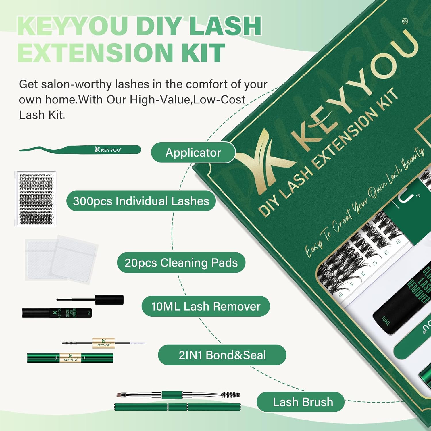 KEYYOU – Kit de extensión de pestañas para bricolaje, 300 unidades, kit de extensión de pestañas individuales 30D40D50D 0.07C, 9-18 MIX, kit de