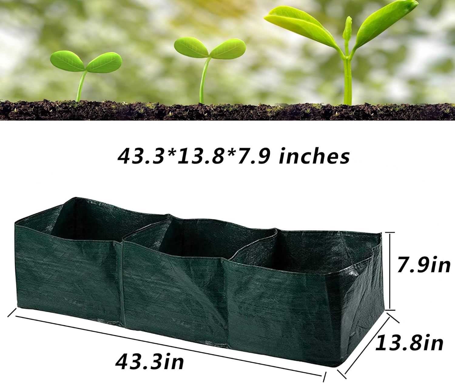 Cama de jardín elevada de tela, bolsas de cultivo de jardín con 3 rejillas divididas, macetas cuadradas de polietileno con agujeros de drenaje,