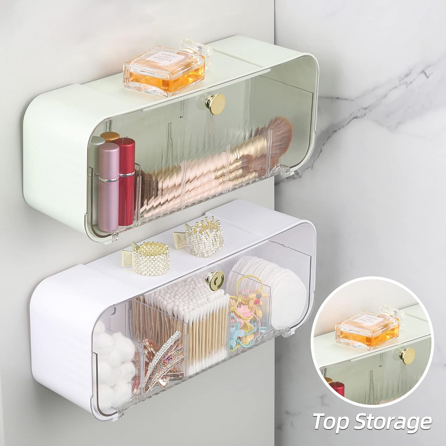Tecbeauty Dispensador de soporte Qtip de 5 rejillas, organizador de bolas de algodón montado en la pared, caja de almacenamiento con 4 divisores