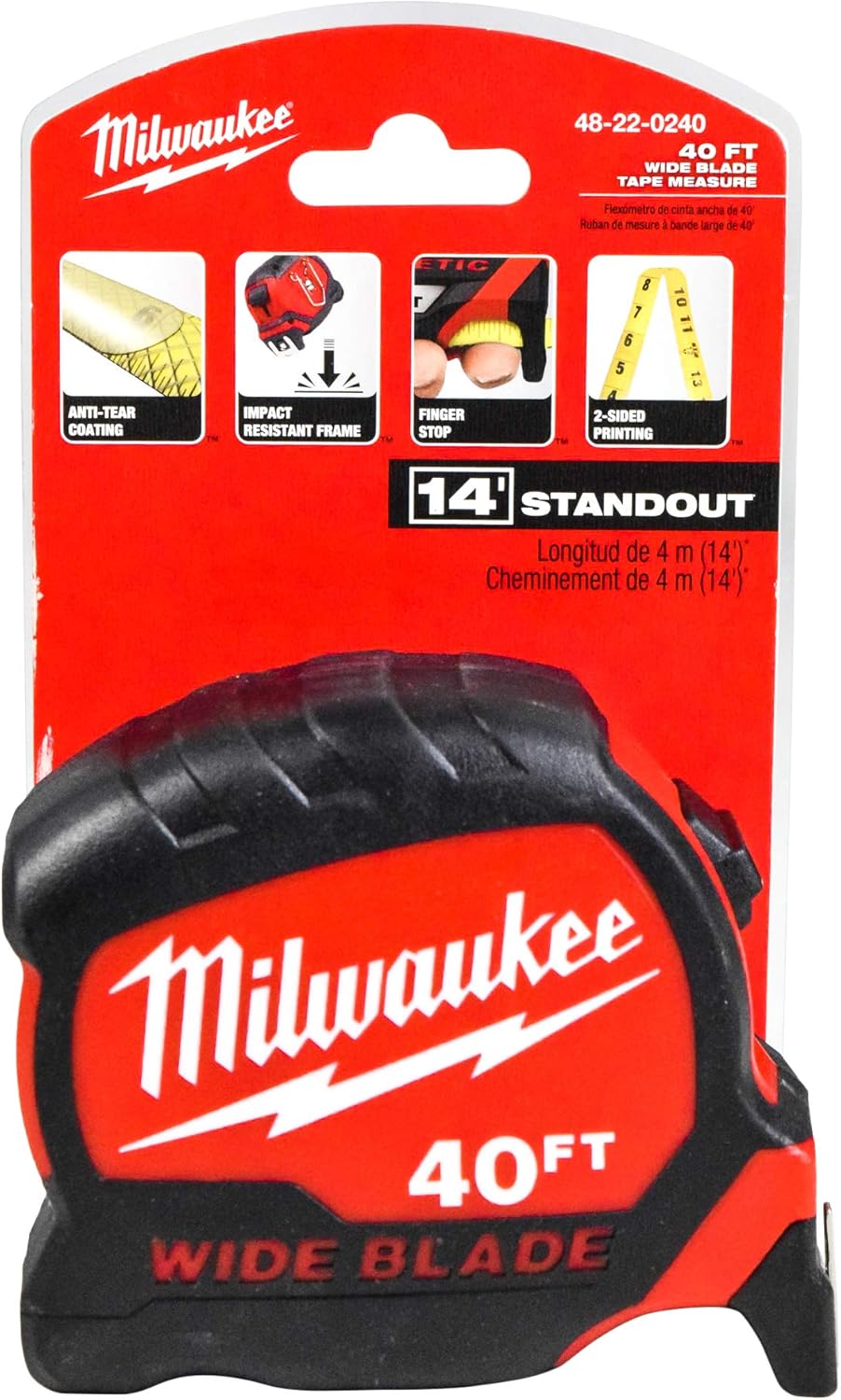 Milwaukee 48-22-0240 Cinta métrica de hoja ancha de 40 pies x 1.3 pulgadas (paquete individual)