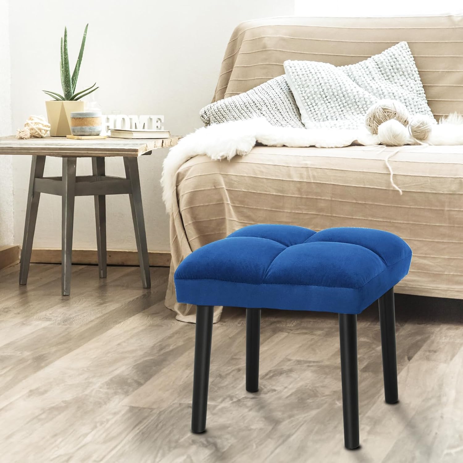 HOUCHICS Taburete otomano suave azul, taburete cuadrado de maquillaje con patas de madera, pequeña silla otomana para tocador, asiento acolchado