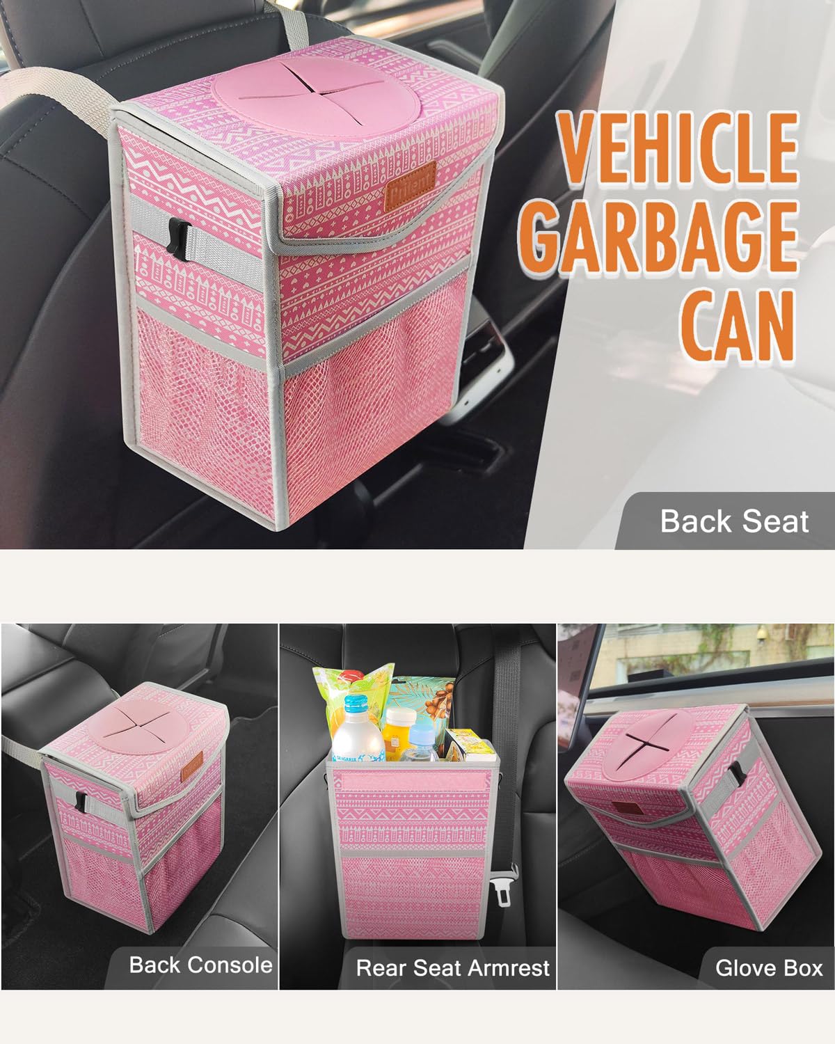 Bote de basura para automóvil con tapa, bonito cubo de basura a prueba de fugas para colgar del vehículo, pequeño organizador portátil para asientos