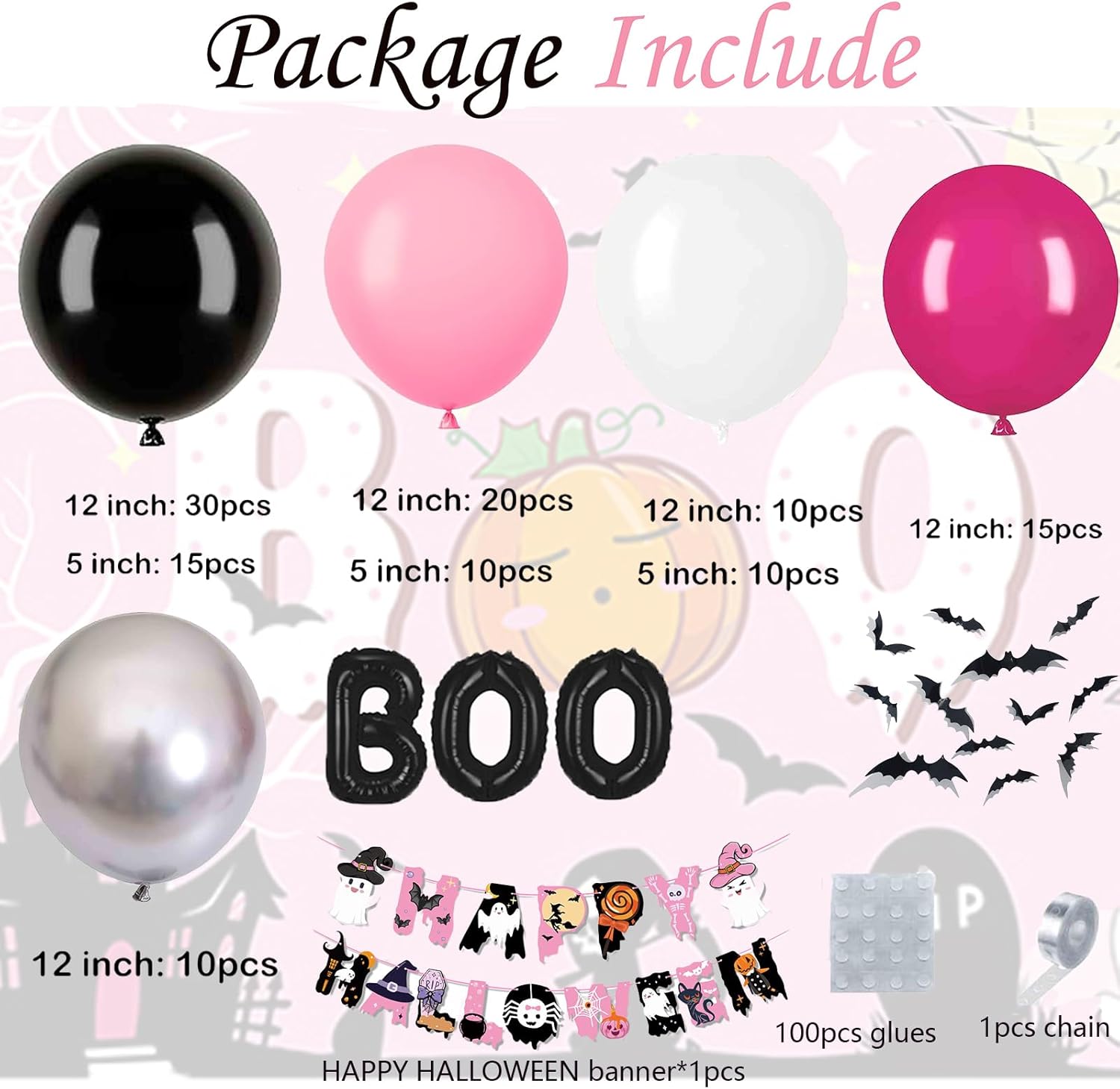 Decoración de fiesta de Halloween rosa, kit de arco de globos de Halloween con globos negros, rosa, blanco y plateado, guirnalda de globos de