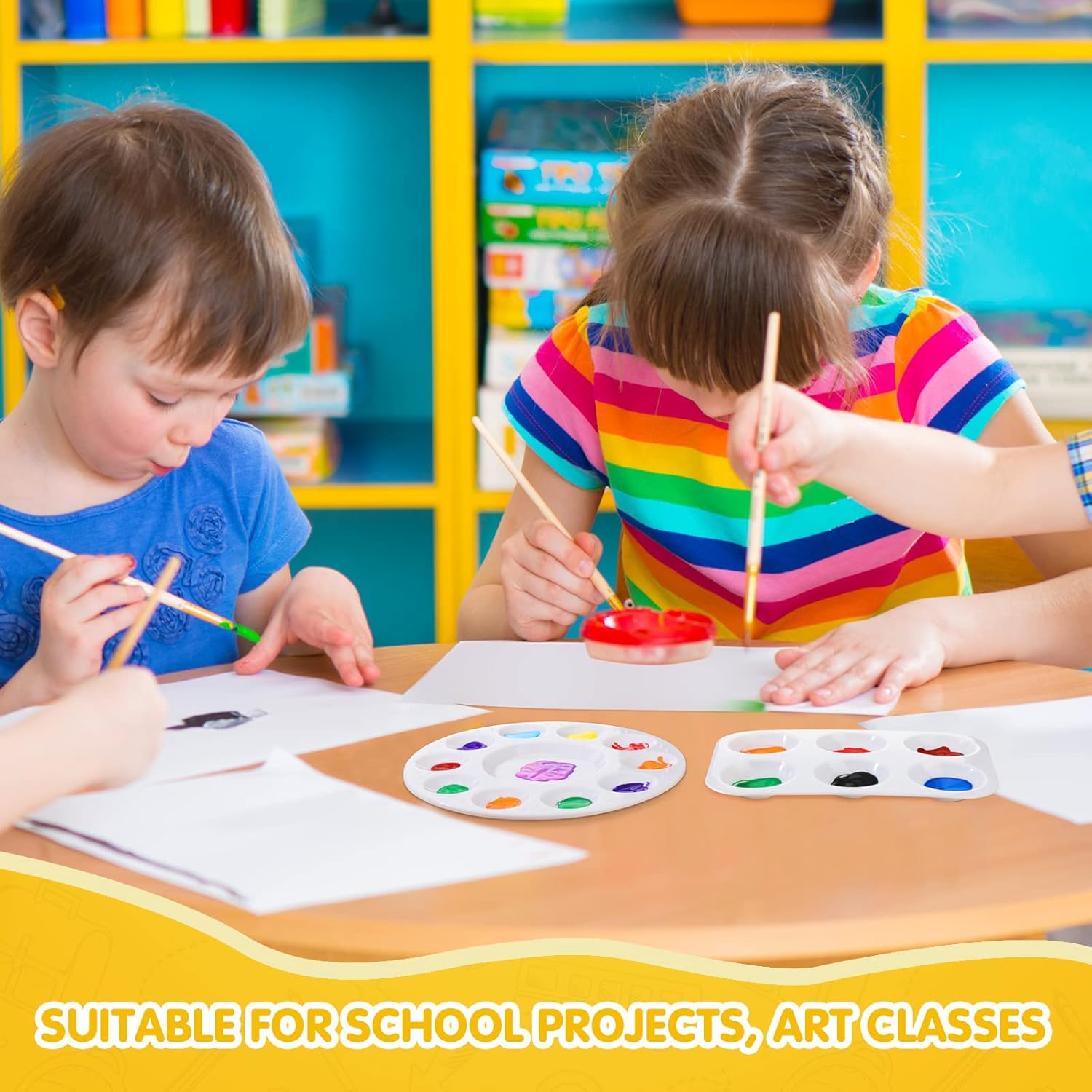 60 bandejas de pintura de plástico para niños y estudiantes, 30 paletas de pintura circulares blancas, 30 piezas rectangulares para pintura de