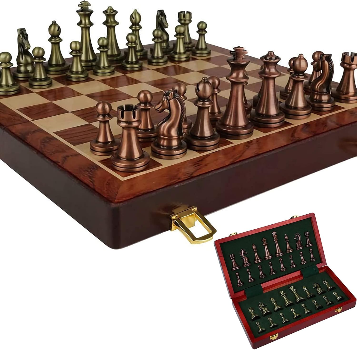Juego de ajedrez de metal de viaje para niños y adultos con tablero de madera plegable y caja de almacenamiento plegable, piezas de ajedrez estándar