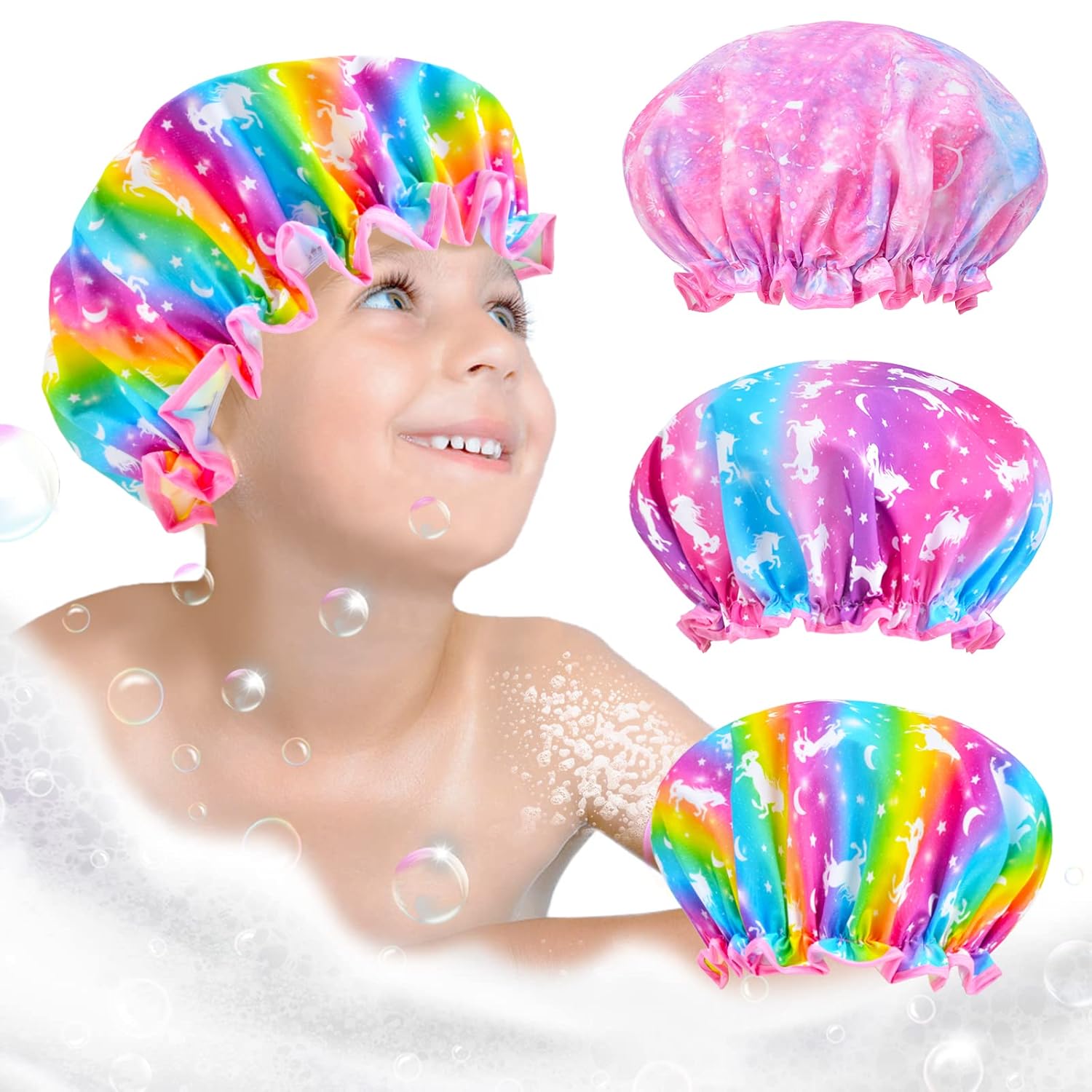 Gorro de ducha para niños, 3 piezas para niñas, bonito gorro de pelo de arco iris con banda elástica ancha, gorro de ducha de plástico reutilizable,