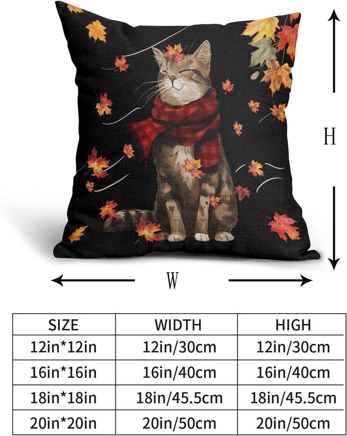 Juego de 2 fundas de almohada de gato de otoño de 16 x 16 pulgadas, diseño de hojas de arce con fondo negro, fundas de almohada decorativas para