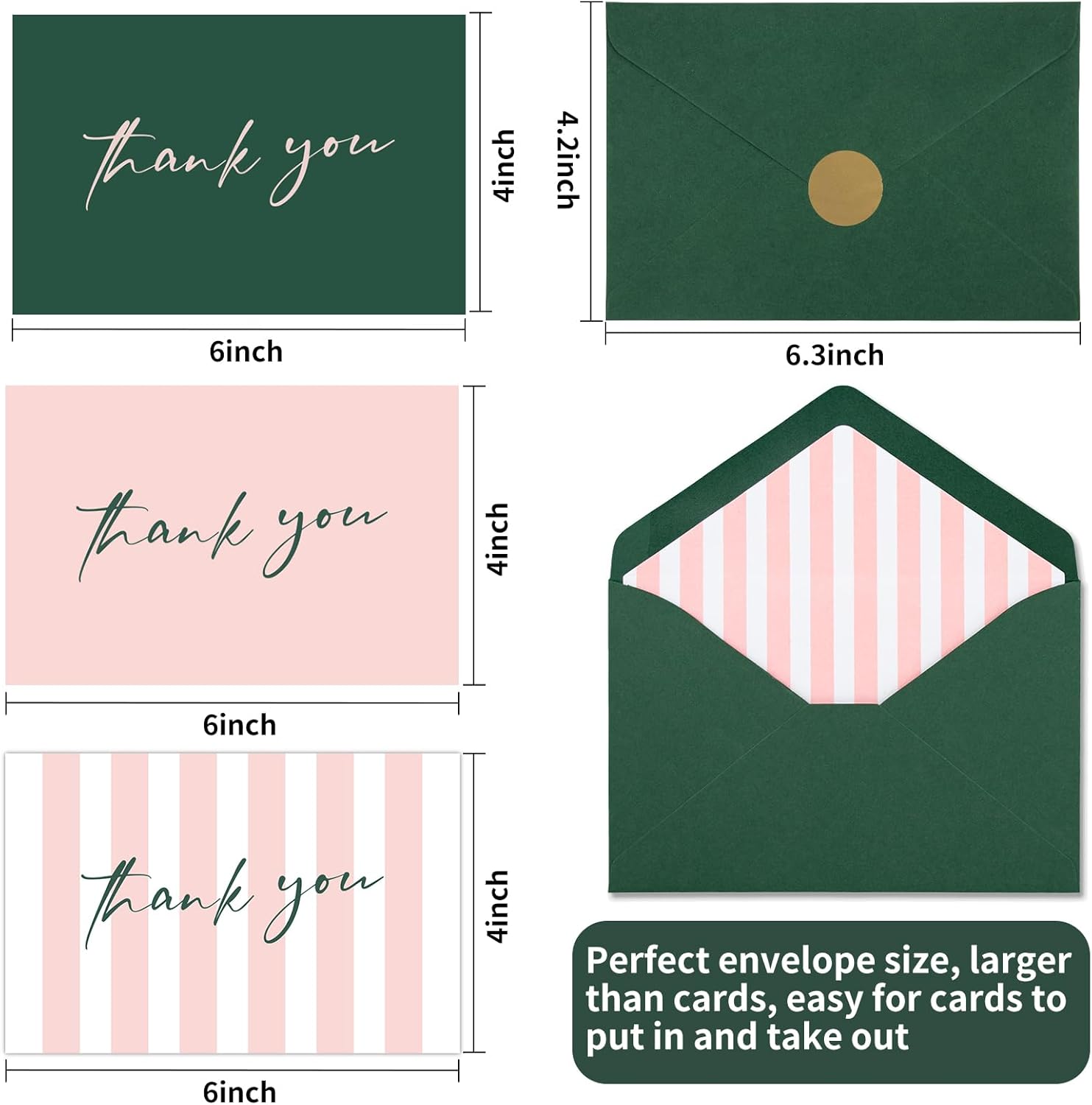 AZAZA Tarjetas de agradecimiento con sobres de diseño a rayas, paquete de 24 tarjetas de agradecimiento a granel de 4 x 6 pulgadas, tarjetas de
