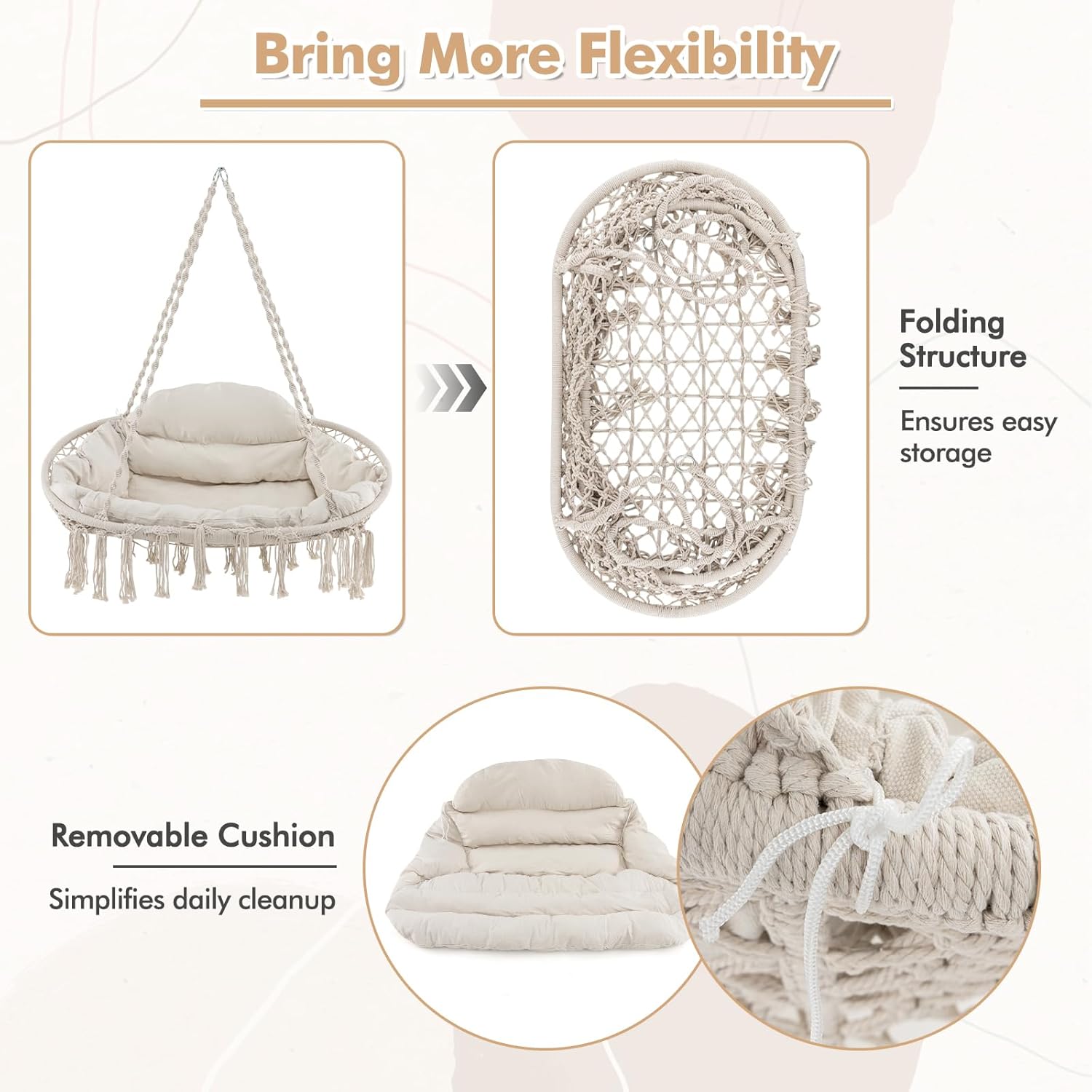 Tangkula 2-Person Hanging Hammock Chair, Boho Style Macrame Hammock Swing with Soft Cushions, Tassels, Indoor Outdoor Cotton Rope Hanging Swing