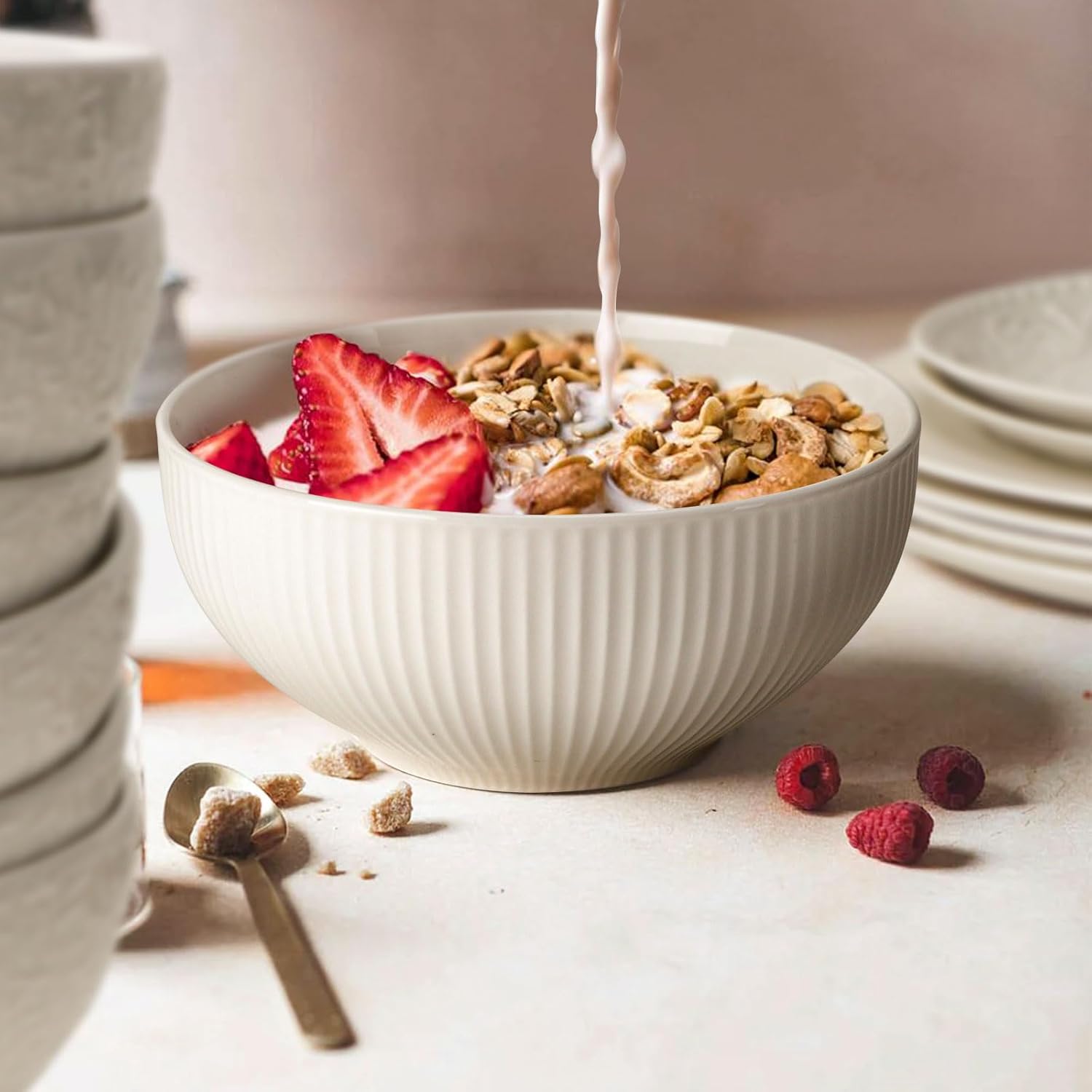 Artena Juego de 6 cuencos de cerámica para cereales de 26 onzas, cuencos de sopa en relieve, cuencos blancos para cocina, cuencos de cena de 6